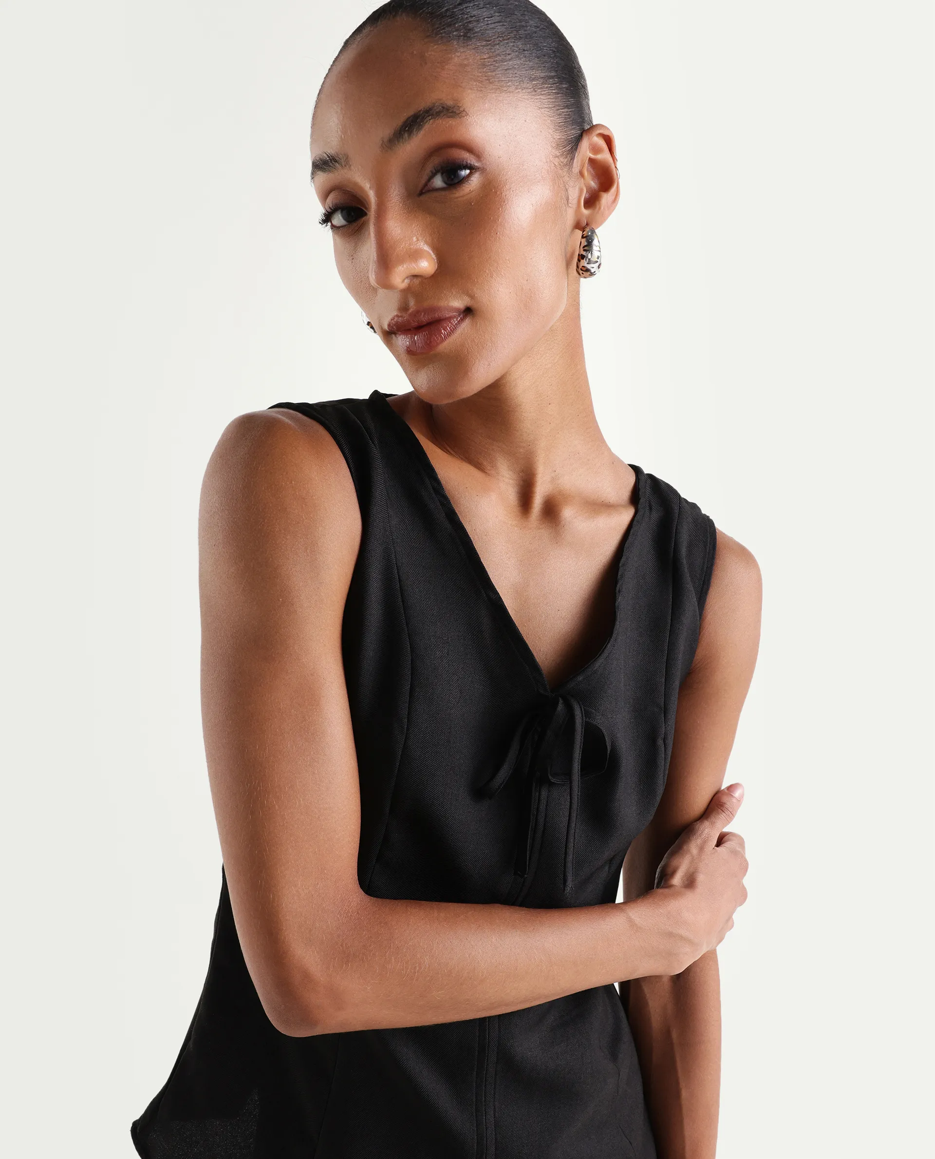 Rareism Women's Valton Black Polyester Sleeveless Regular Fit Plain Top