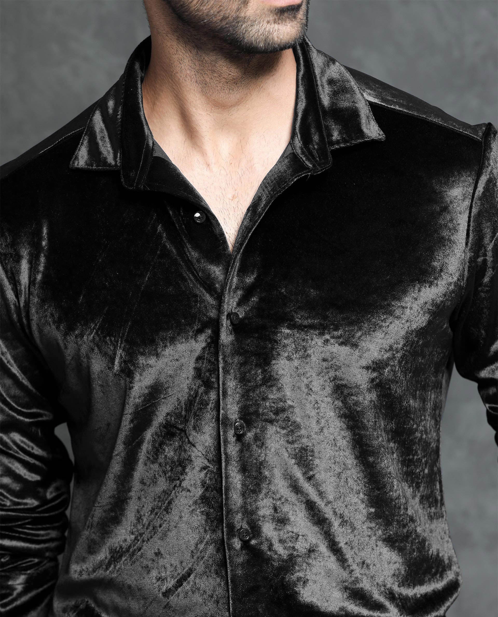 Rare Rabbit Men's Valve Black Velvet Plain Regular Fit Full Sleeve Collared Shirt - Image 5