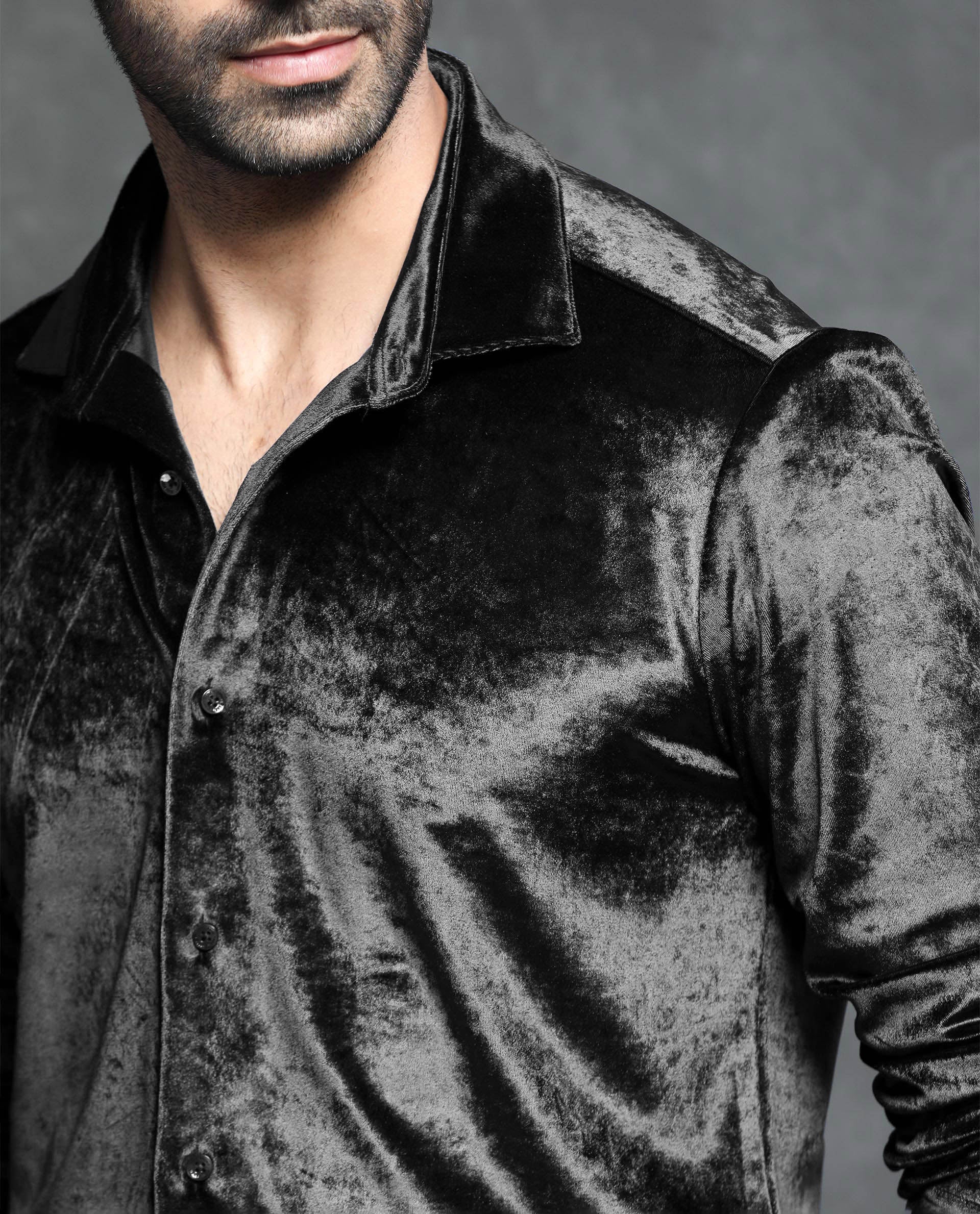 Rare Rabbit Men's Valve Black Velvet Plain Regular Fit Full Sleeve Collared Shirt - Image 7