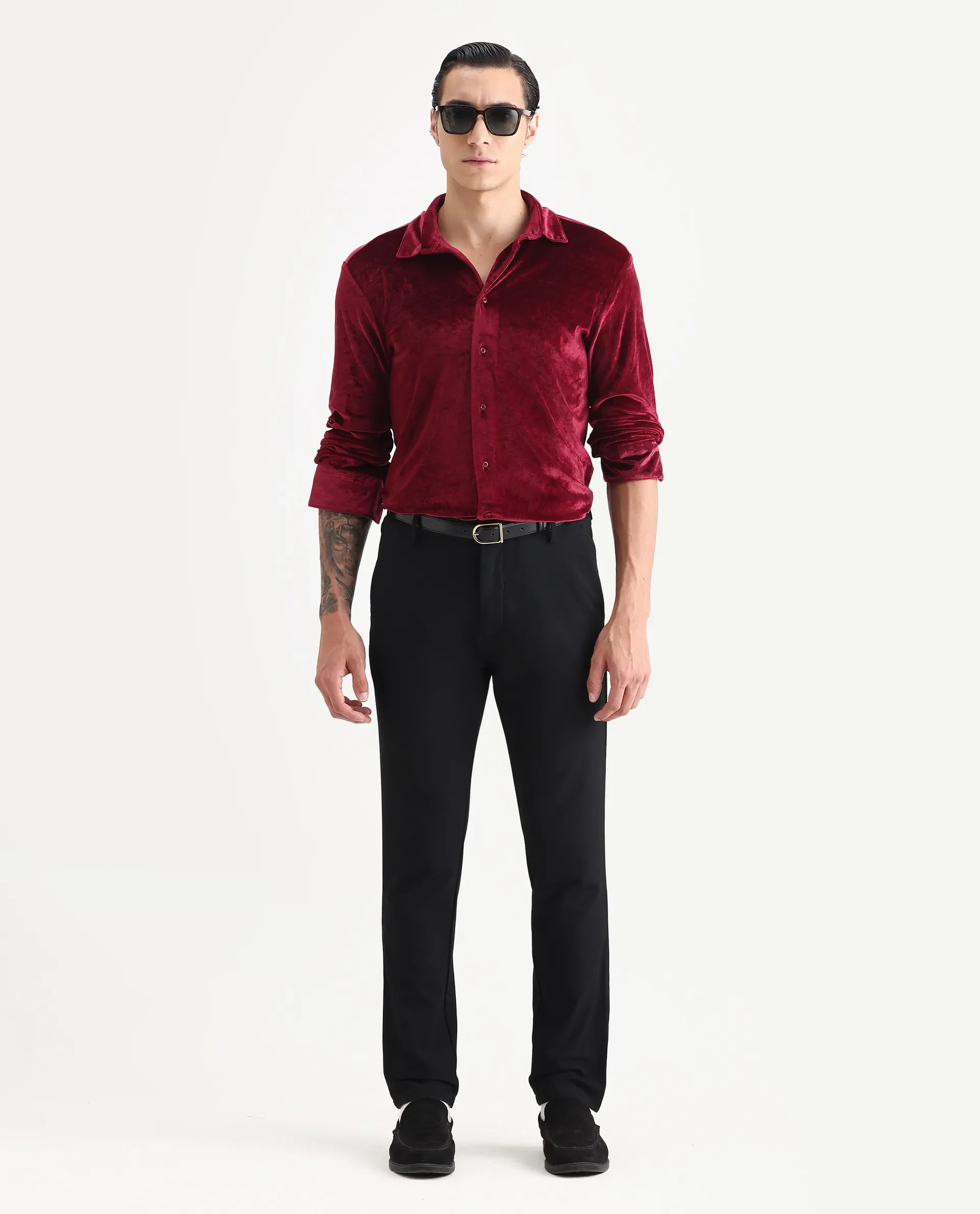 Rare Rabbit Men's Valve Maroon Velvet Plain Regular Fit Full Sleeve Collared Shirt - Image 2