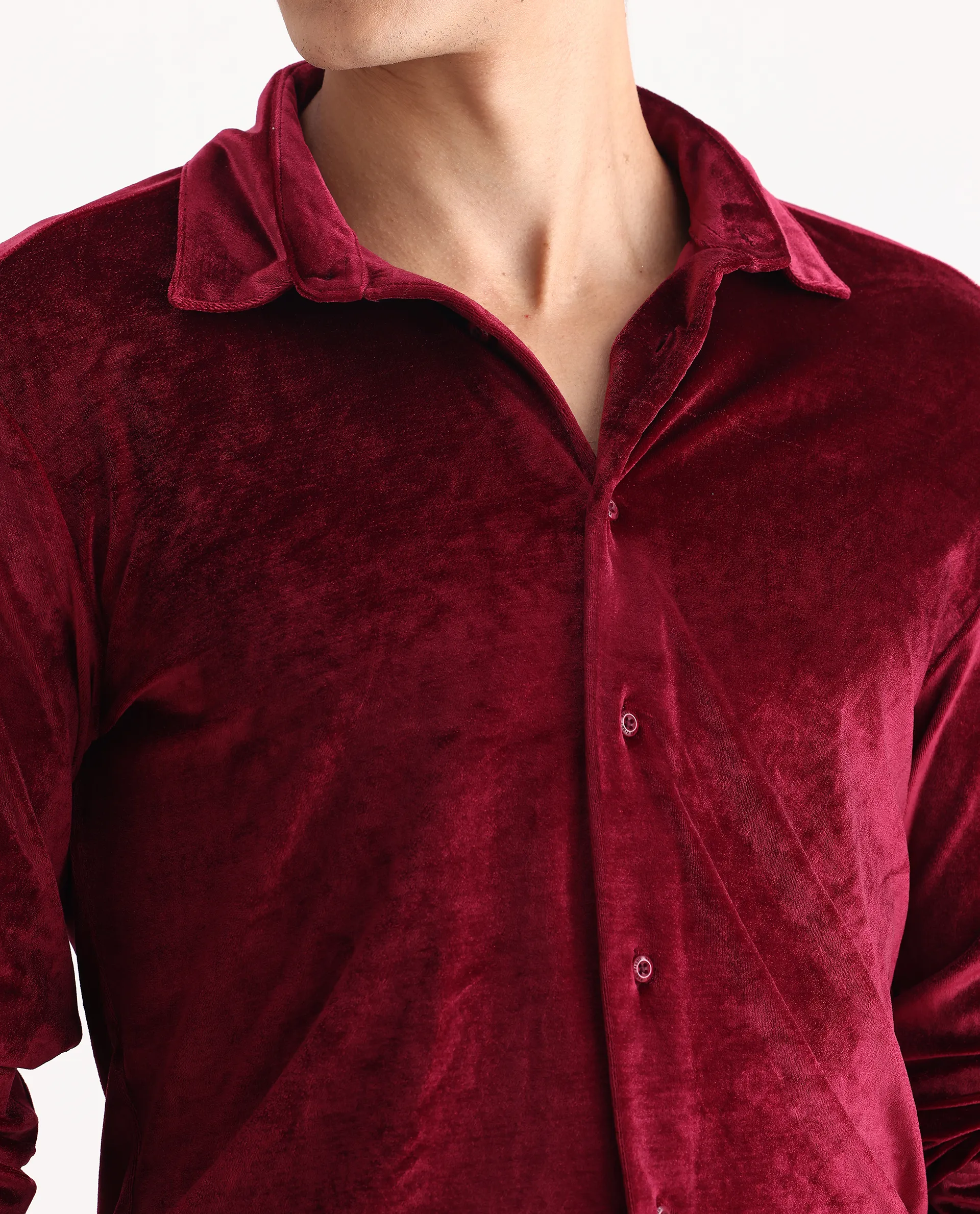Rare Rabbit Men's Valve Maroon Velvet Plain Regular Fit Full Sleeve Collared Shirt - Image 3
