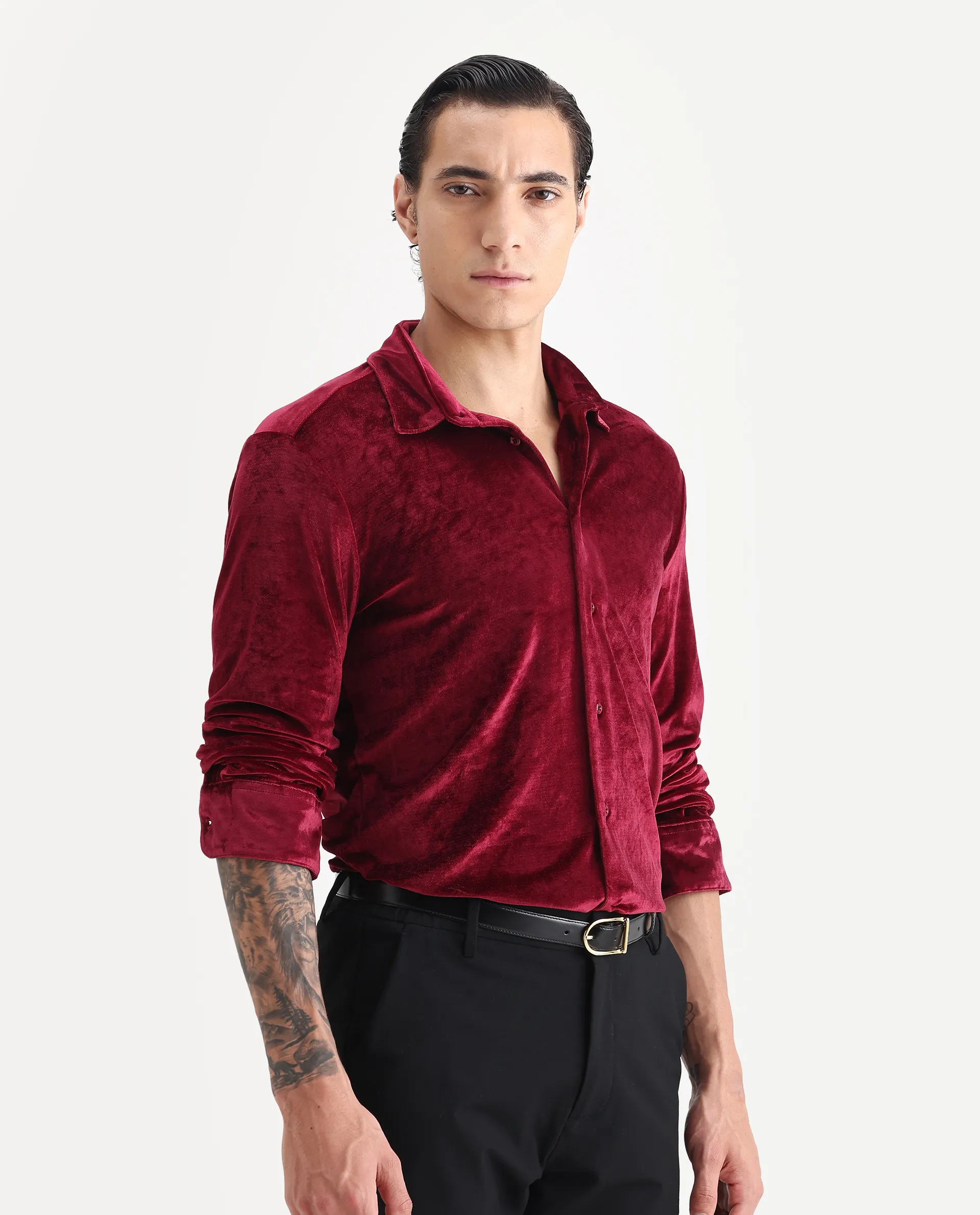 Rare Rabbit Men's Valve Maroon Velvet Plain Regular Fit Full Sleeve Collared Shirt - Image 4