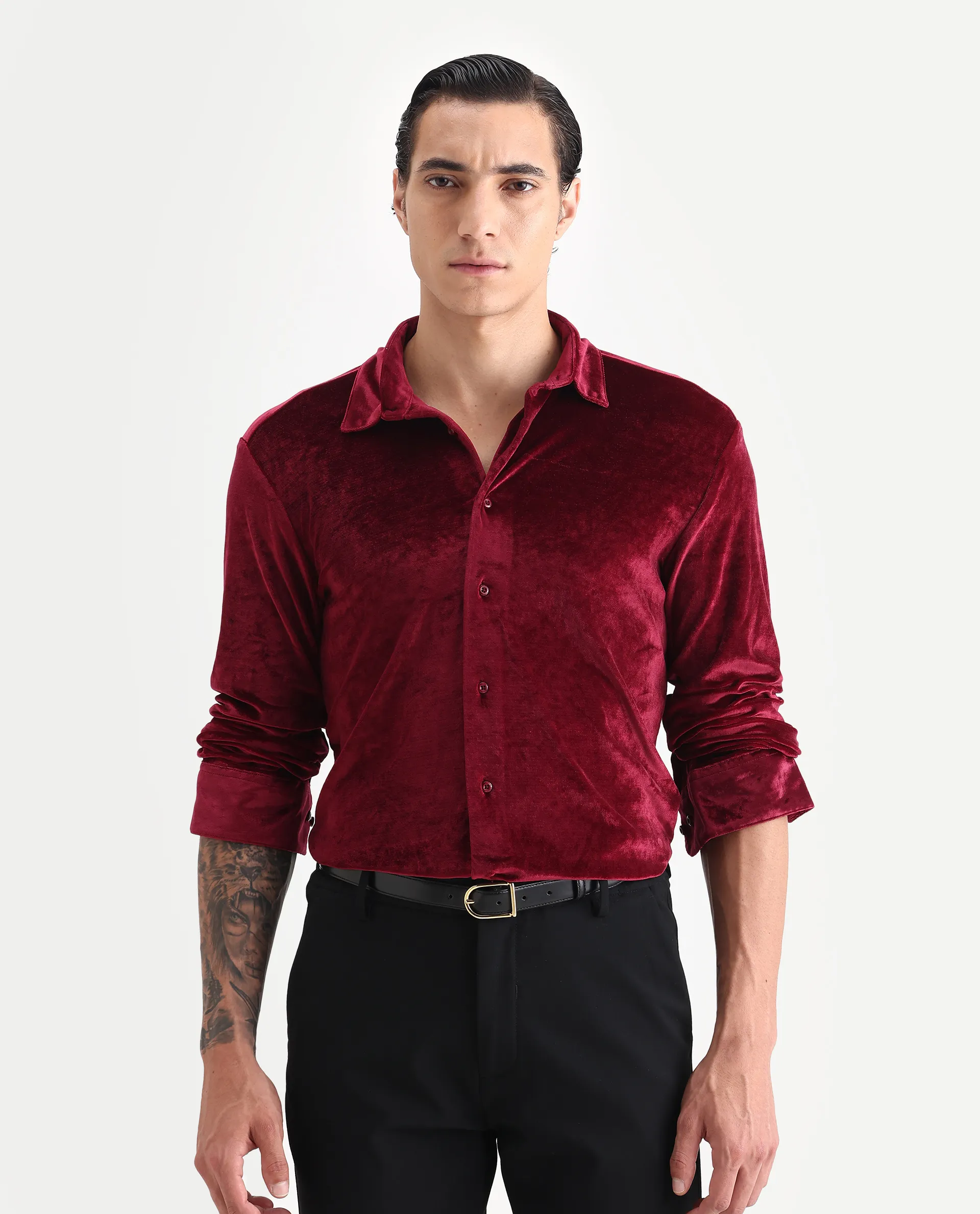 Rare Rabbit Men's Valve Maroon Velvet Plain Regular Fit Full Sleeve Collared Shirt - Image 5