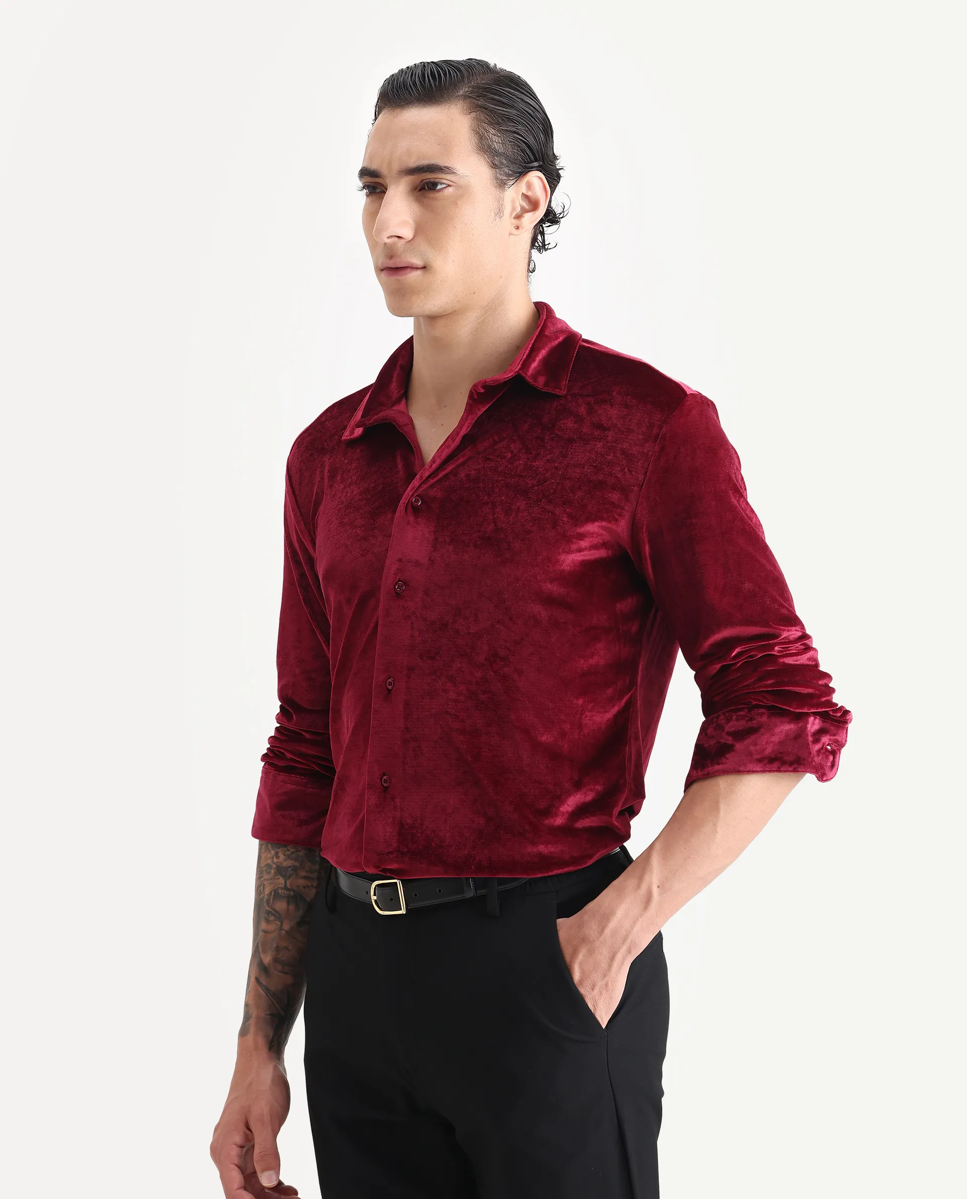 Rare Rabbit Men's Valve Maroon Velvet Plain Regular Fit Full Sleeve Collared Shirt - Image 6