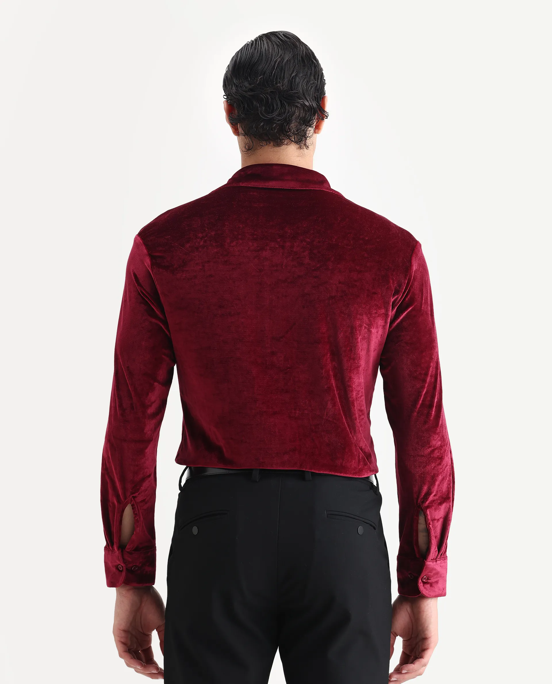 Rare Rabbit Men's Valve Maroon Velvet Plain Regular Fit Full Sleeve Collared Shirt - Image 7