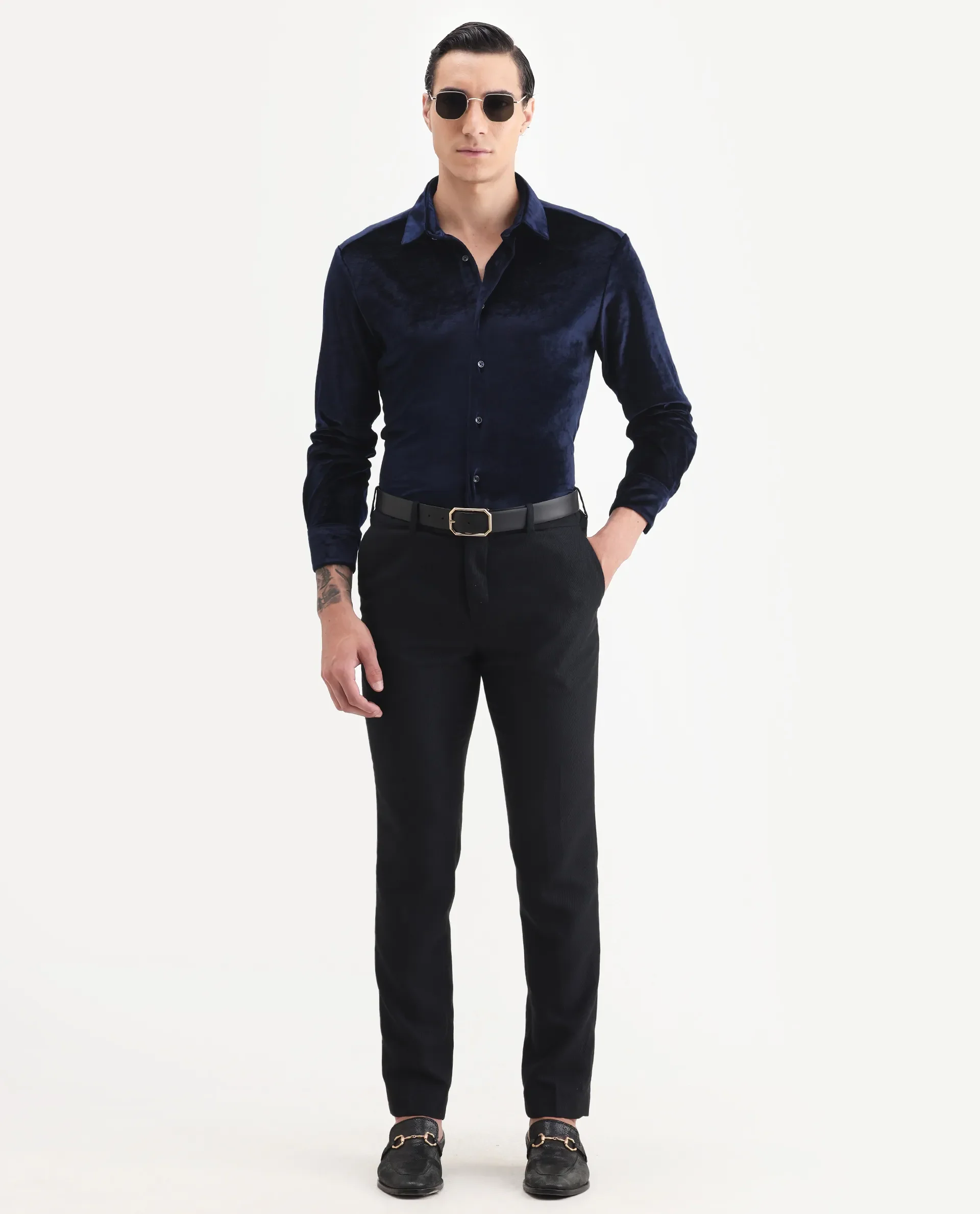 Rare Rabbit Men's Valve Navy Velvet Plain Regular Fit Full Sleeve Collared Shirt - Image 2