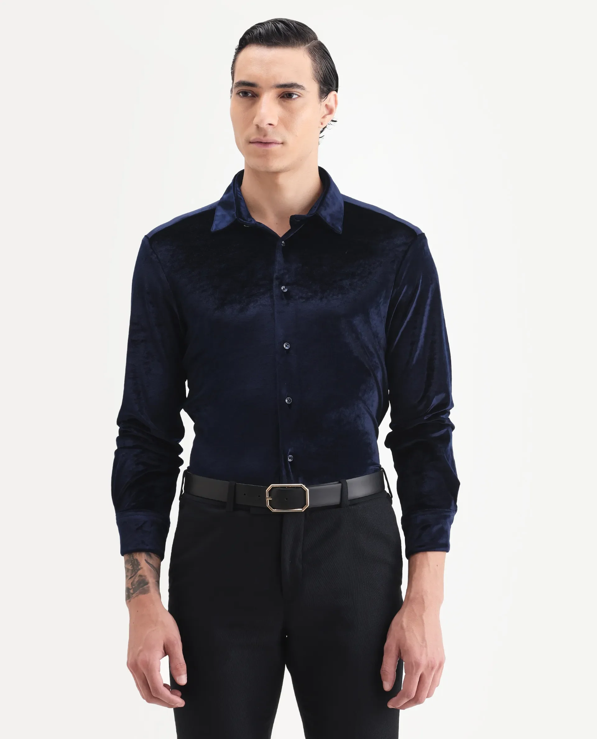Rare Rabbit Men's Valve Navy Velvet Plain Regular Fit Full Sleeve Collared Shirt - Image 4