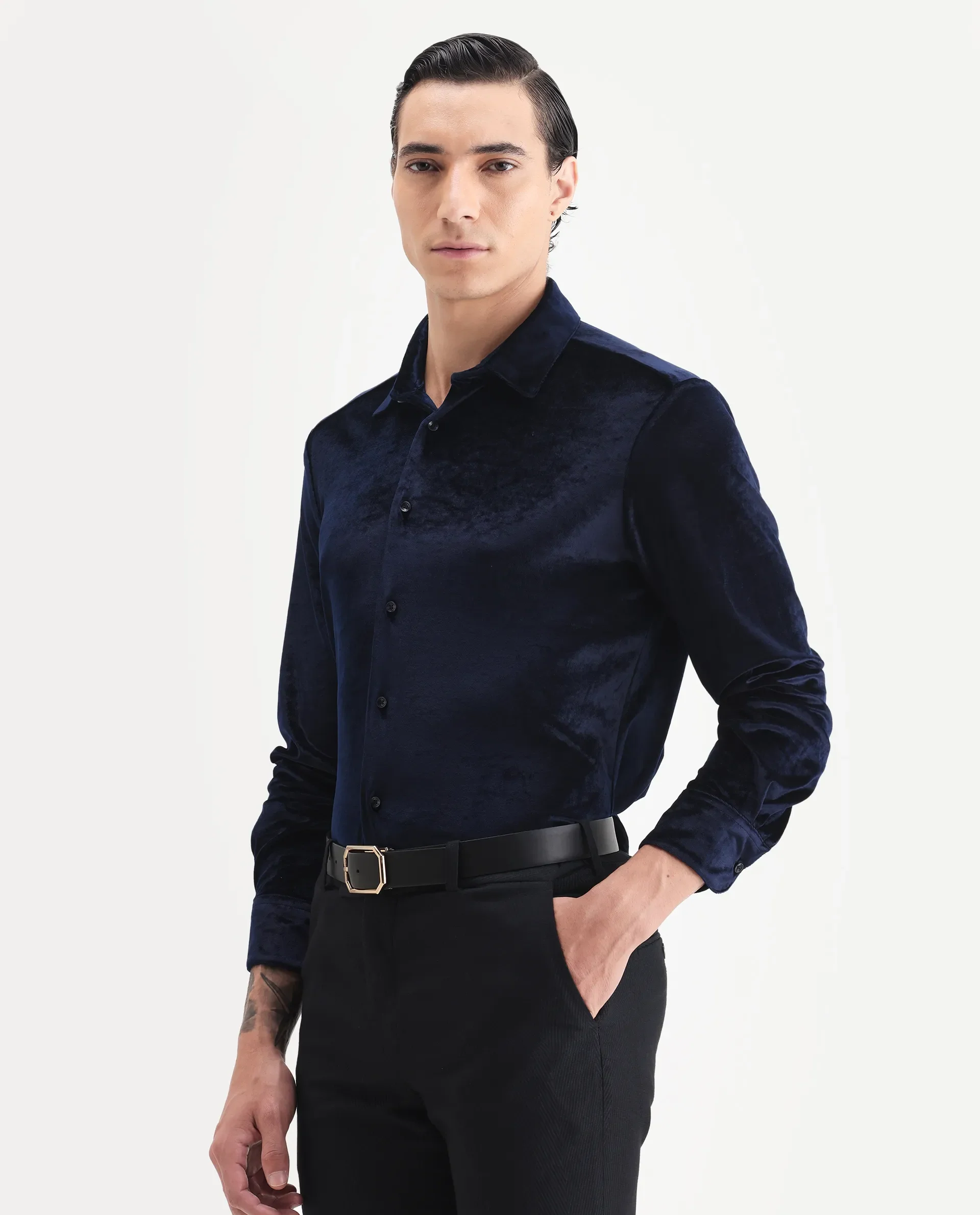 Rare Rabbit Men's Valve Navy Velvet Plain Regular Fit Full Sleeve Collared Shirt - Image 5