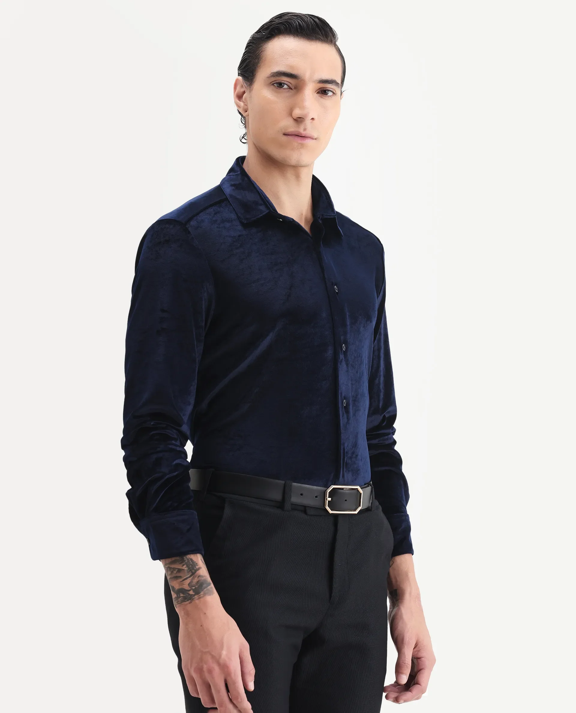 Rare Rabbit Men's Valve Navy Velvet Plain Regular Fit Full Sleeve Collared Shirt - Image 6