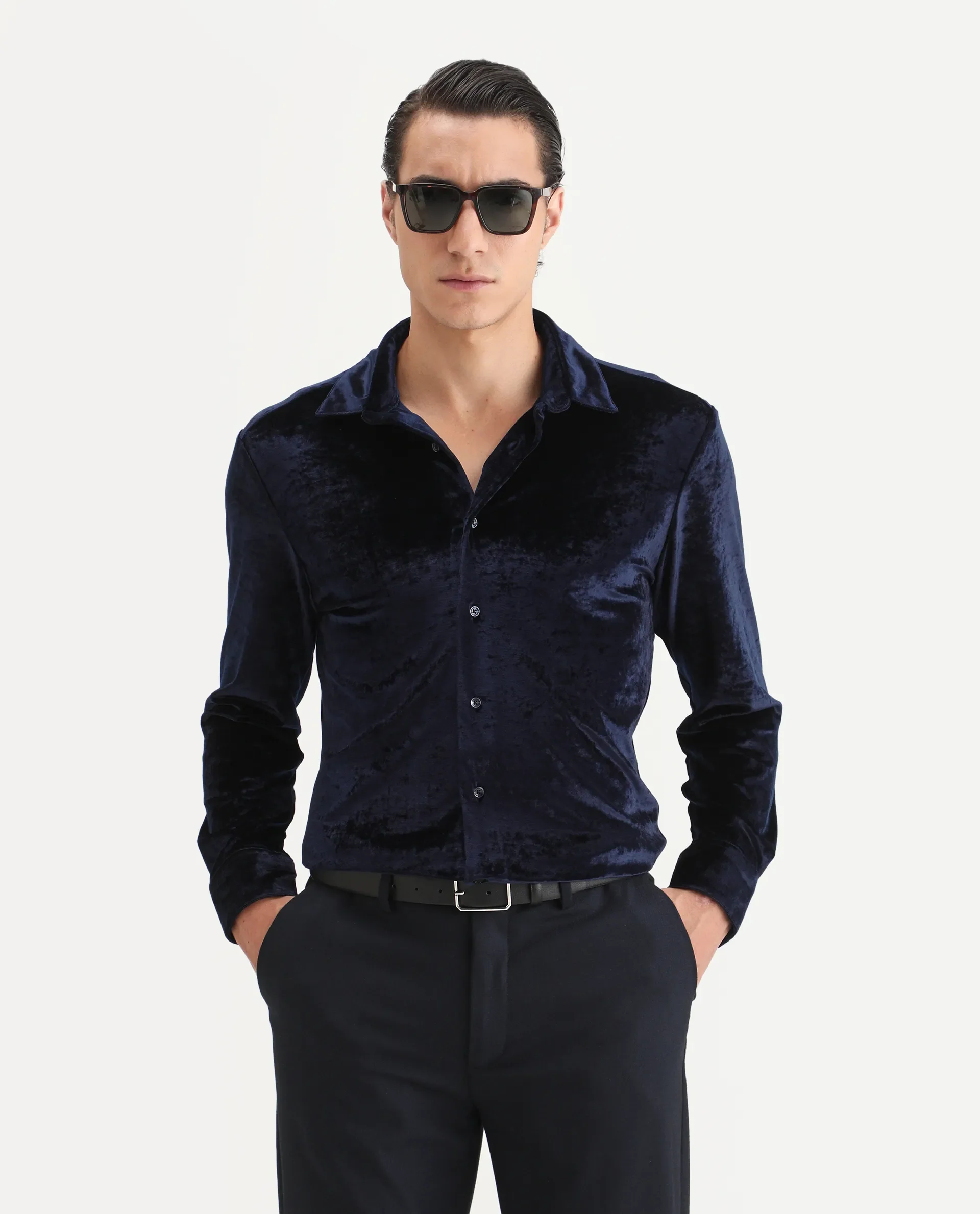 Rare Rabbit Men's Valve Navy Velvet Plain Regular Fit Full Sleeve Collared Shirt - Image 7