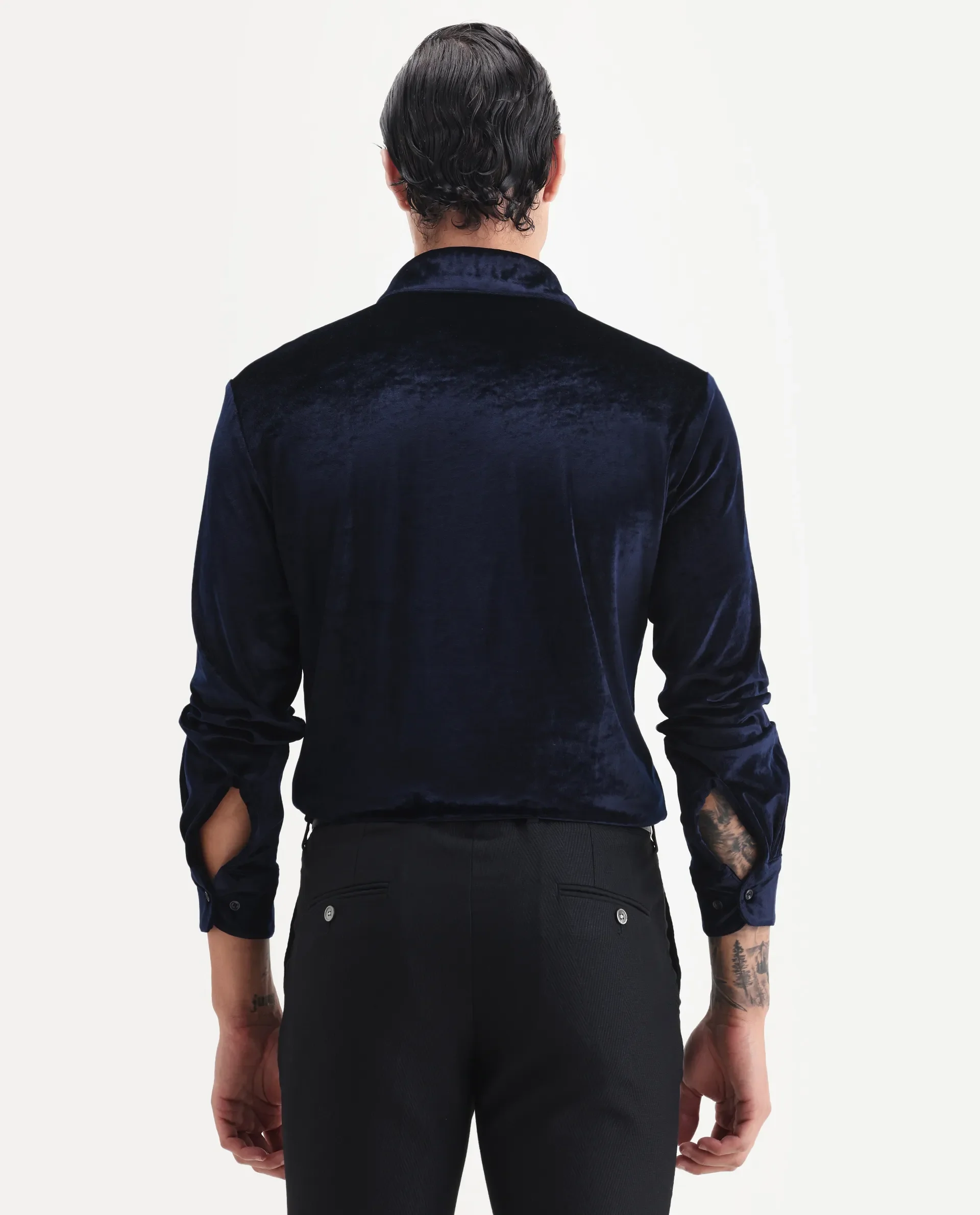 Rare Rabbit Men's Valve Navy Velvet Plain Regular Fit Full Sleeve Collared Shirt - Image 8