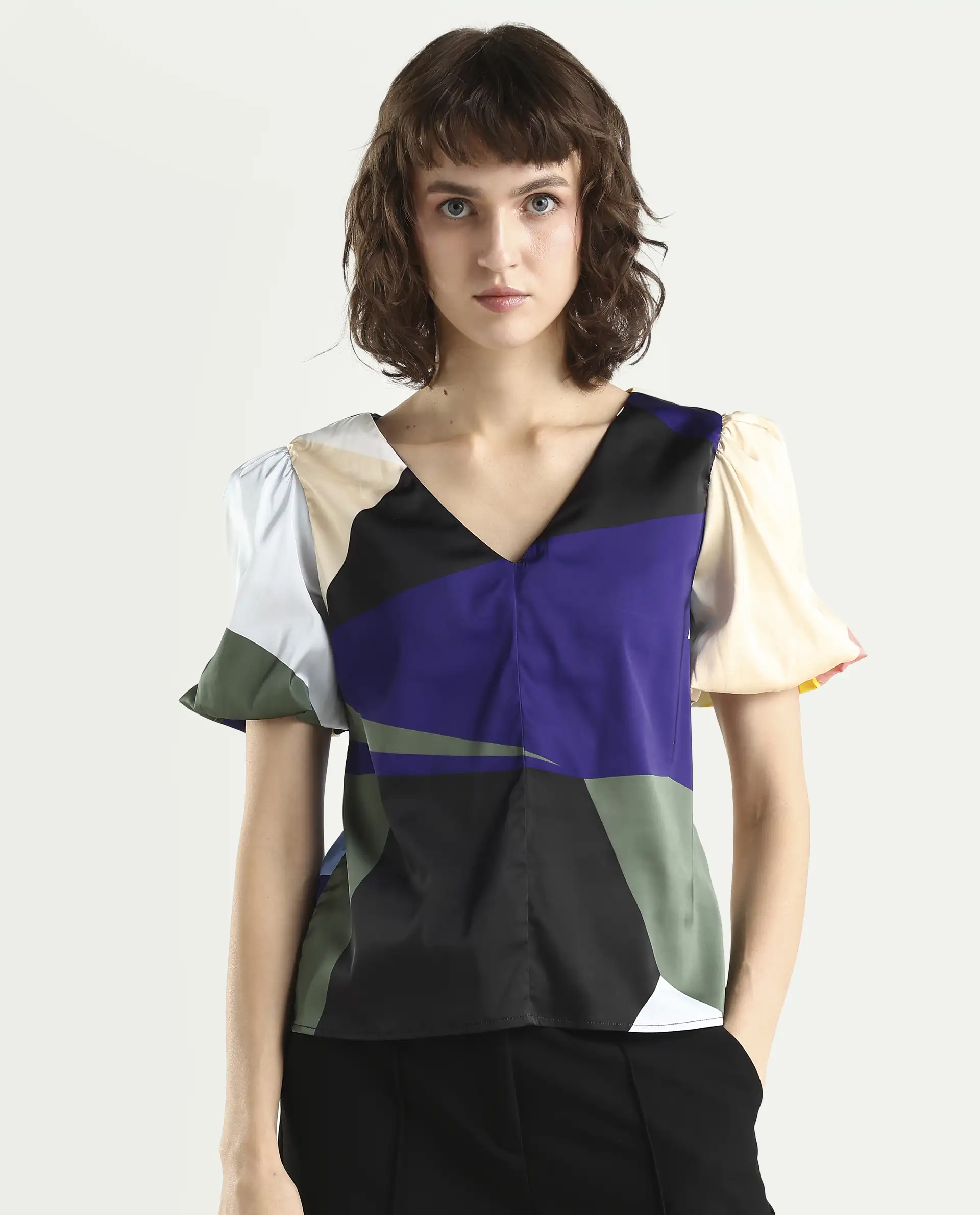 Rareism Women's Valve Multi Modal V-Neck Abstract Print Puff Sleeves Crop Relaxed Fit Top - Image 3