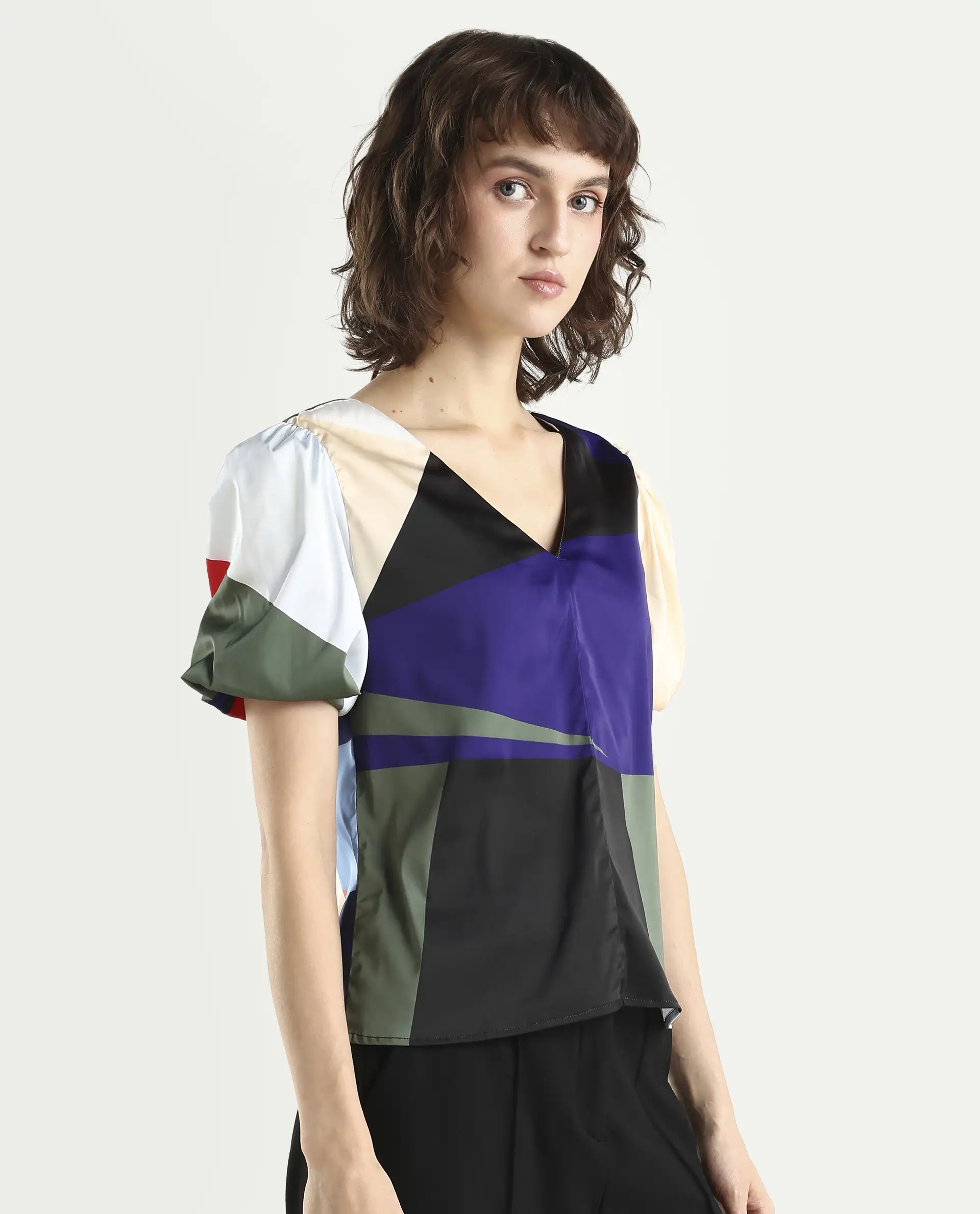 Rareism Women's Valve Multi Modal V-Neck Abstract Print Puff Sleeves Crop Relaxed Fit Top - Image 5