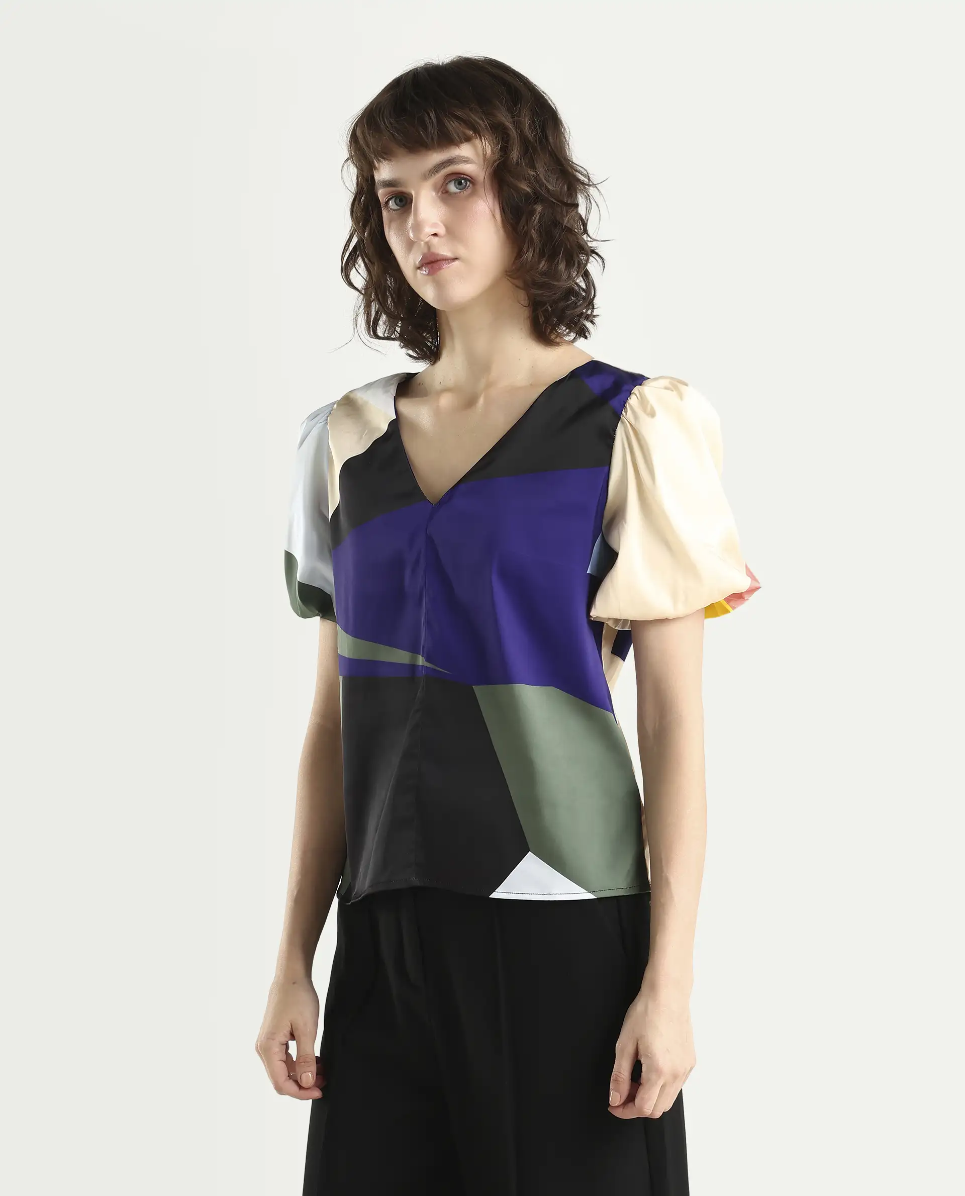 Rareism Women's Valve Multi Modal V-Neck Abstract Print Puff Sleeves Crop Relaxed Fit Top - Image 6