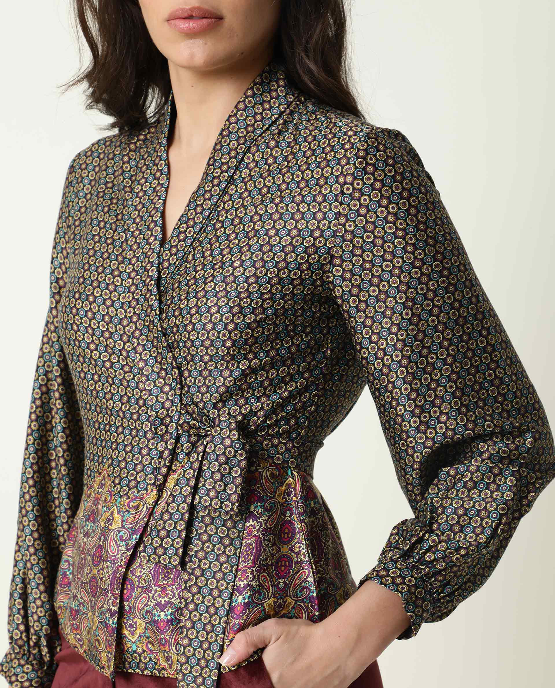 Rareism Women's Vamsi Black Modal Blend V-Neck Abstract Print Puff Sleeves Flared Top - Image 3