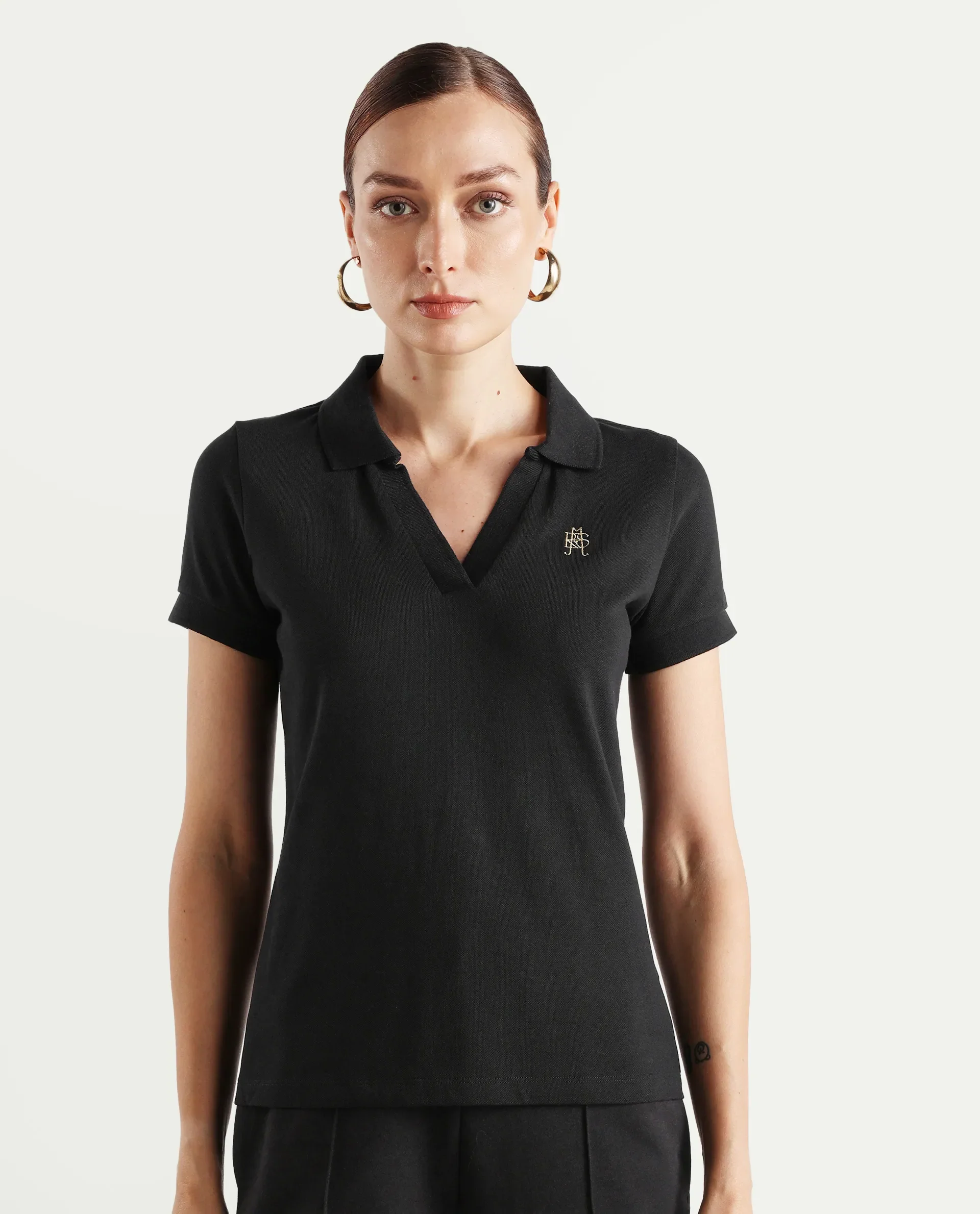 Rareism Women's Van Black Cotton Blend Polo Neck Plain Regular Fit Polo - Image 4