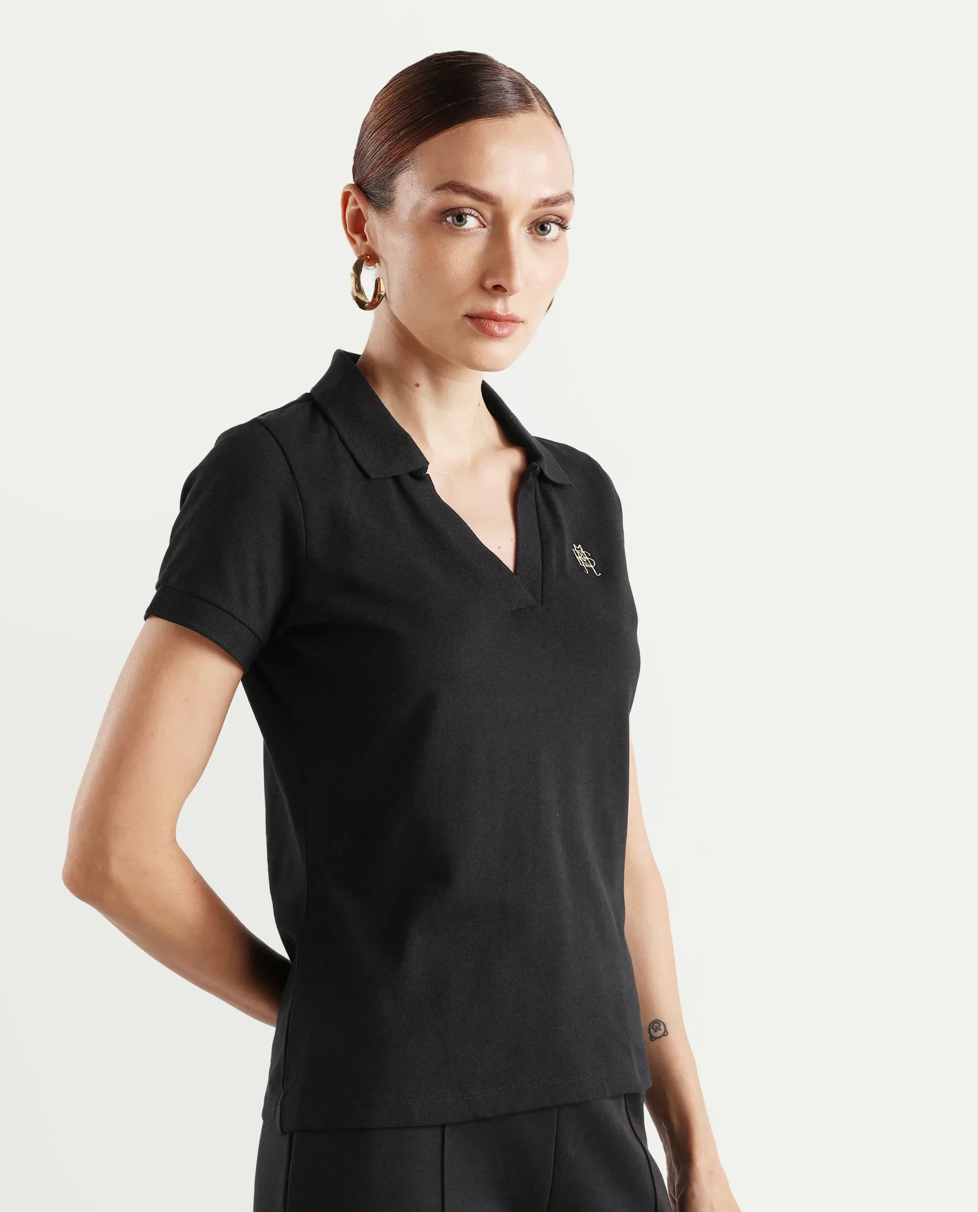 Rareism Women's Van Black Cotton Blend Polo Neck Plain Regular Fit Polo - Image 6