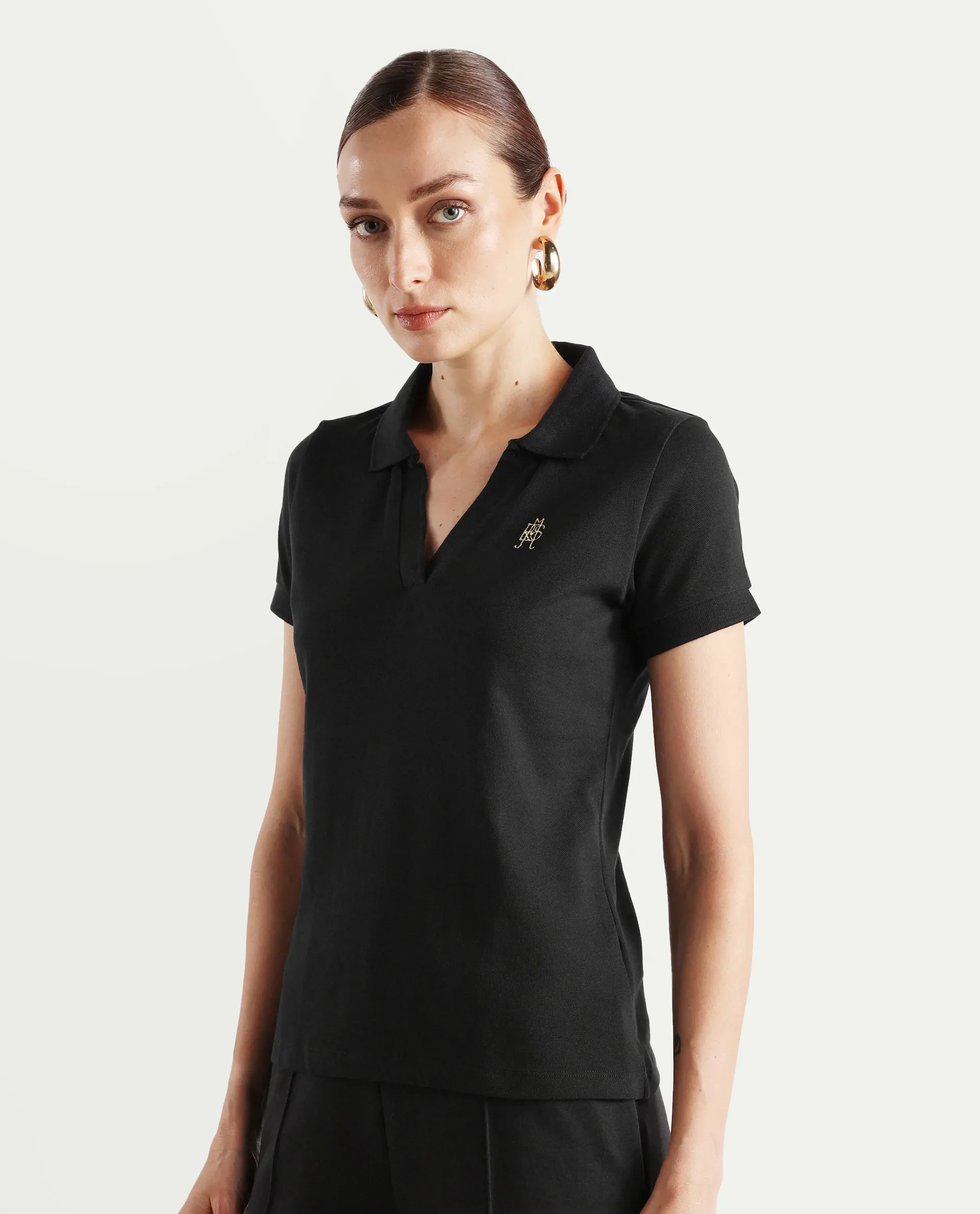 Rareism Women's Van Black Cotton Blend Polo Neck Plain Regular Fit Polo - Image 7