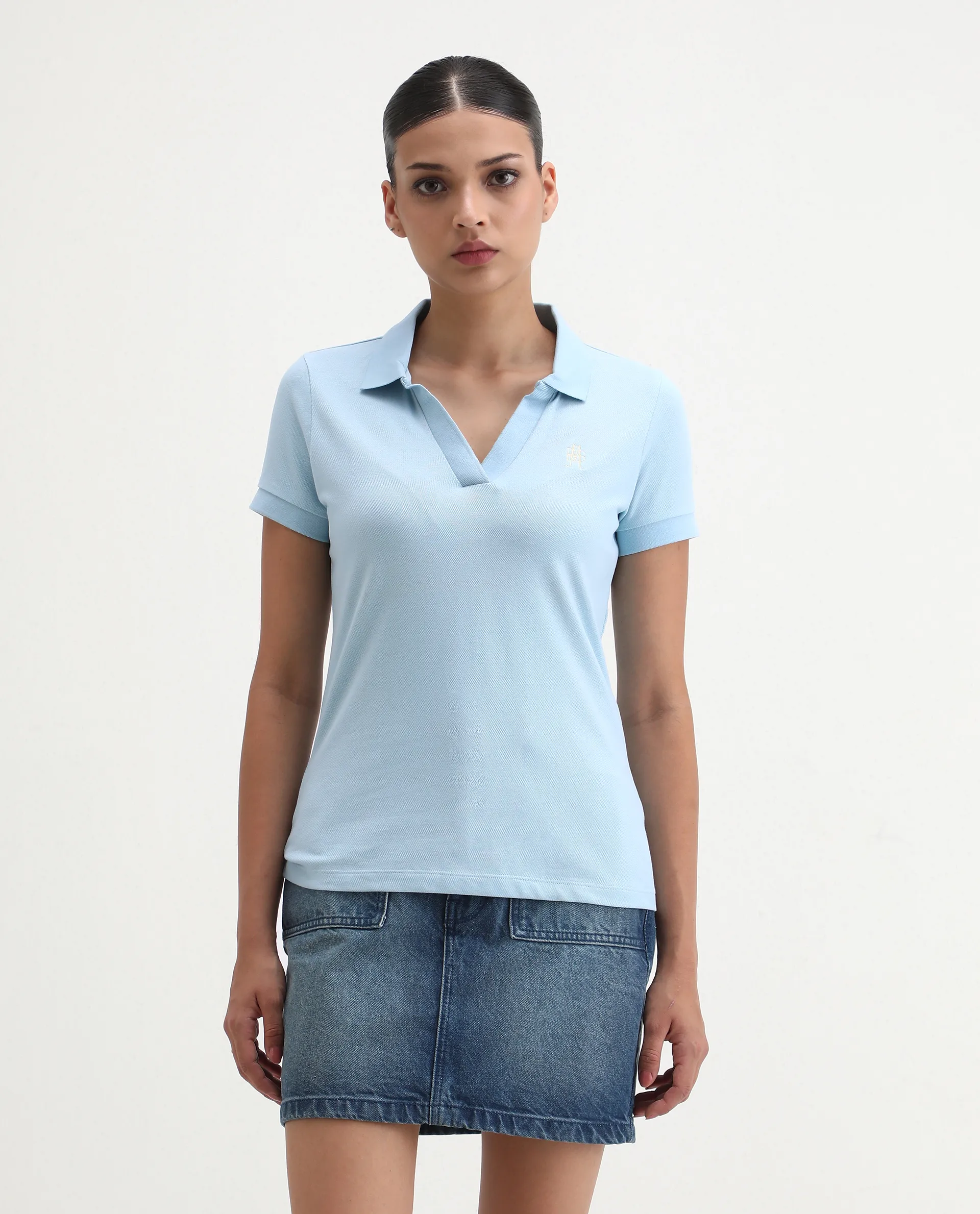 Rareism Women's Van Blue Cotton Blend Polo Neck Plain Regular Fit Polo - Image 5