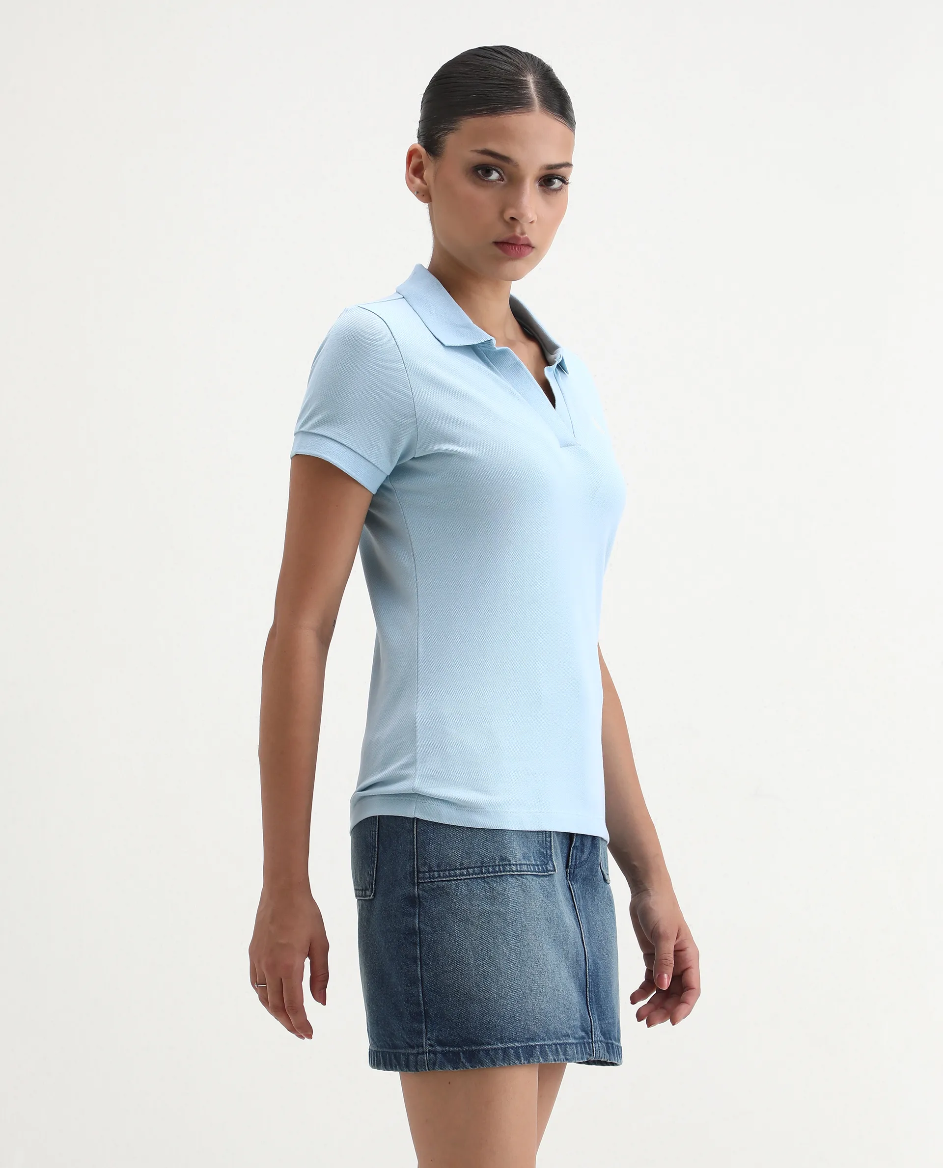 Rareism Women's Van Blue Cotton Blend Polo Neck Plain Regular Fit Polo - Image 6