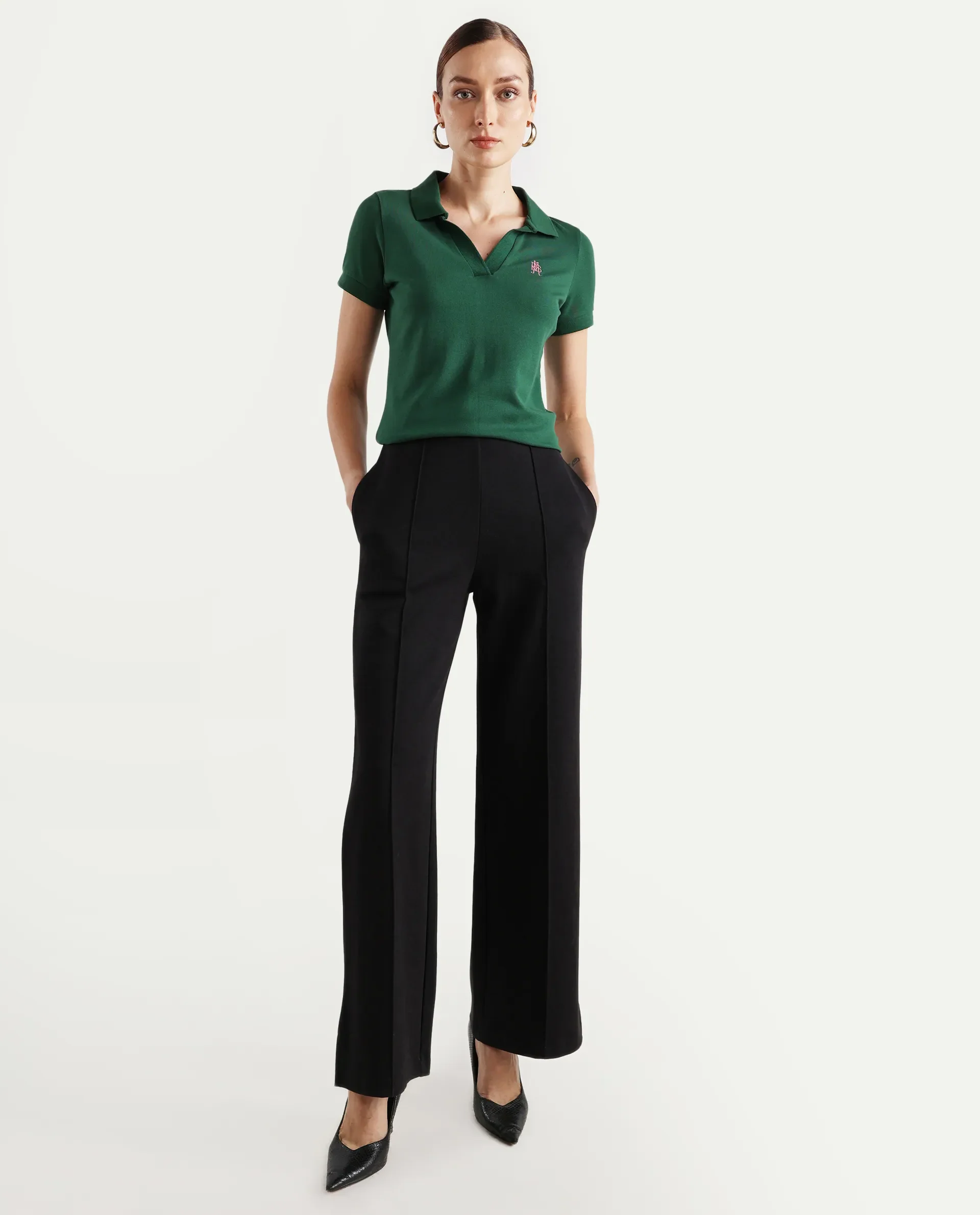 Rareism Women's Van Green Cotton Blend Polo Neck Plain Regular Fit Polo - Image 2