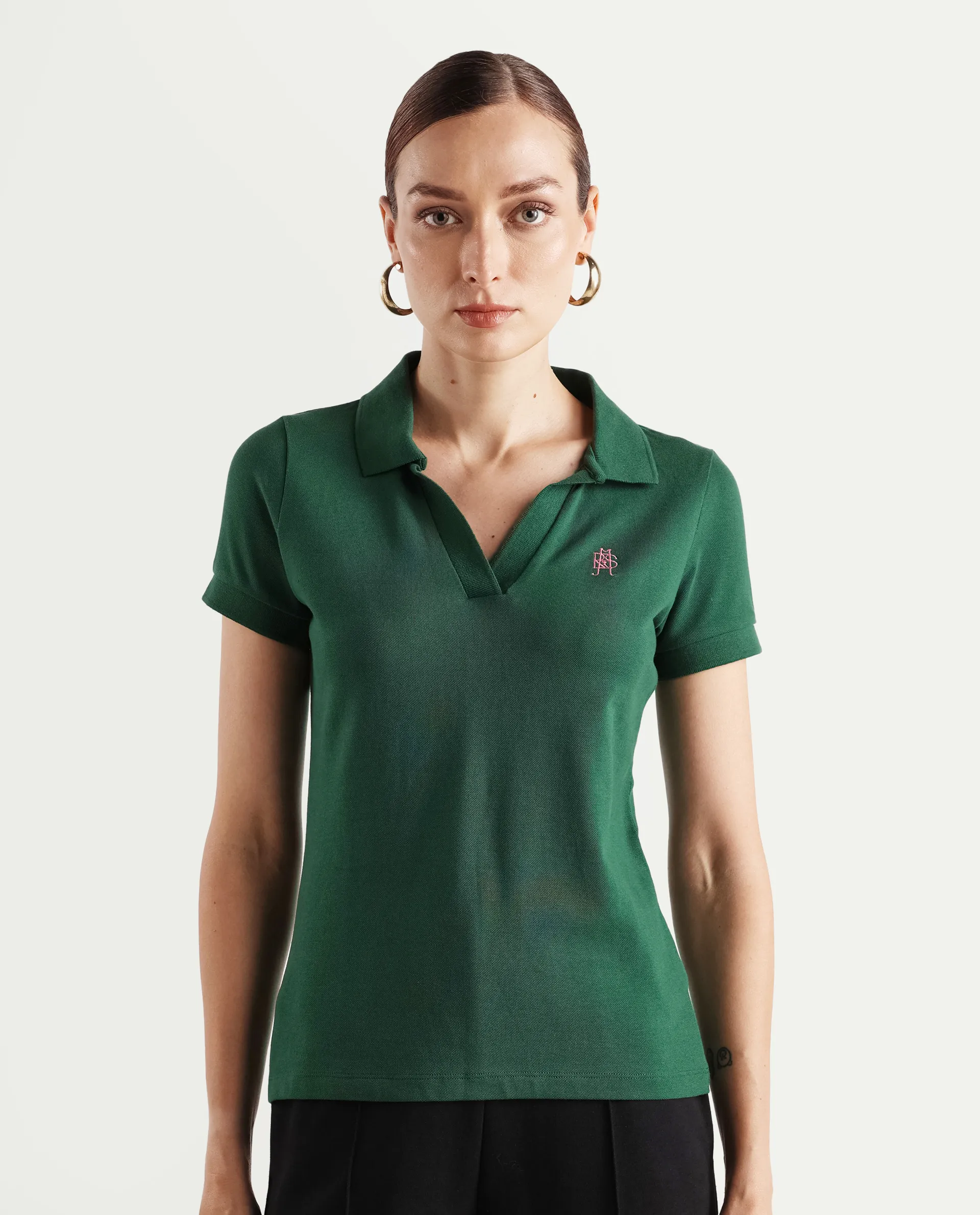 Rareism Women's Van Green Cotton Blend Polo Neck Plain Regular Fit Polo - Image 3