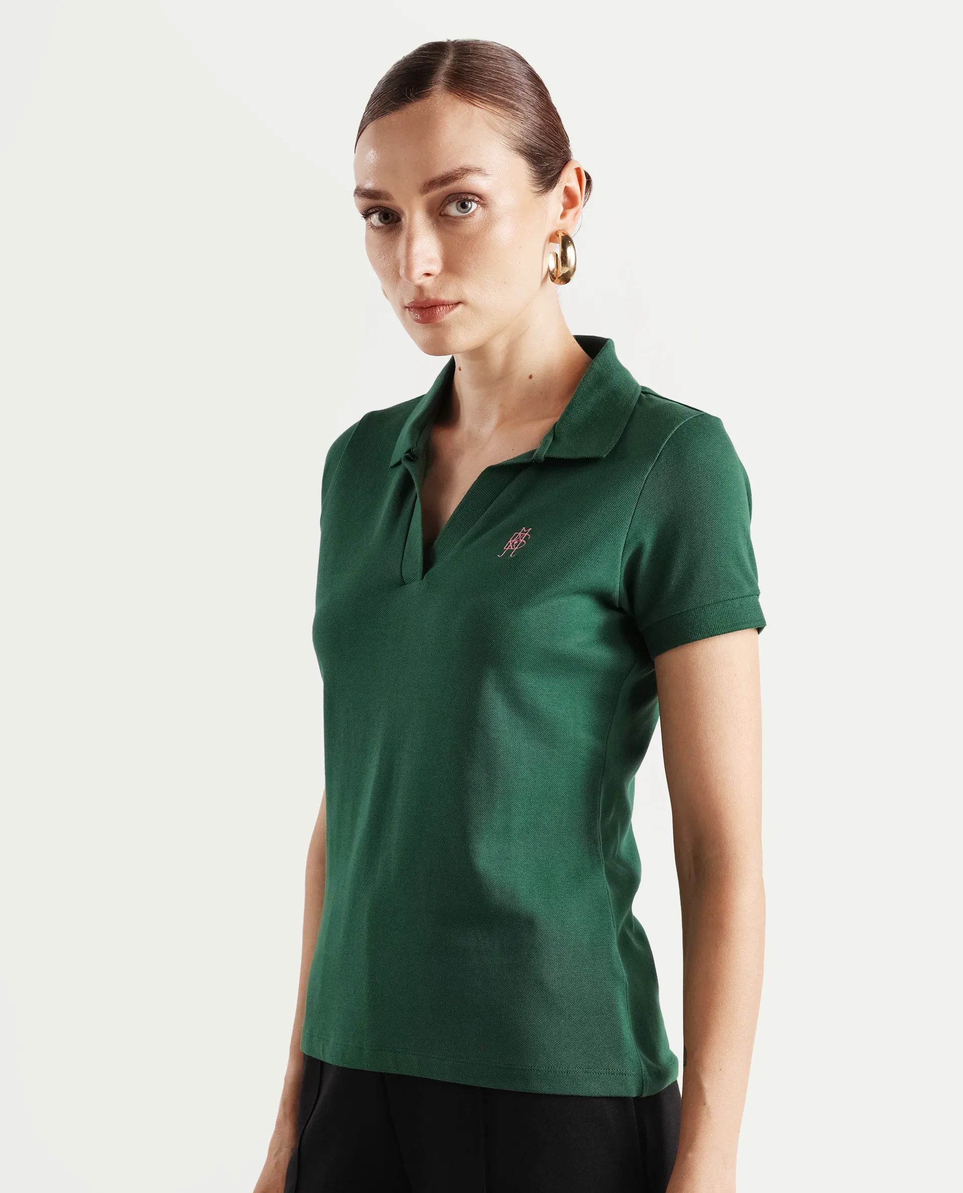 Rareism Women's Van Green Cotton Blend Polo Neck Plain Regular Fit Polo - Image 5