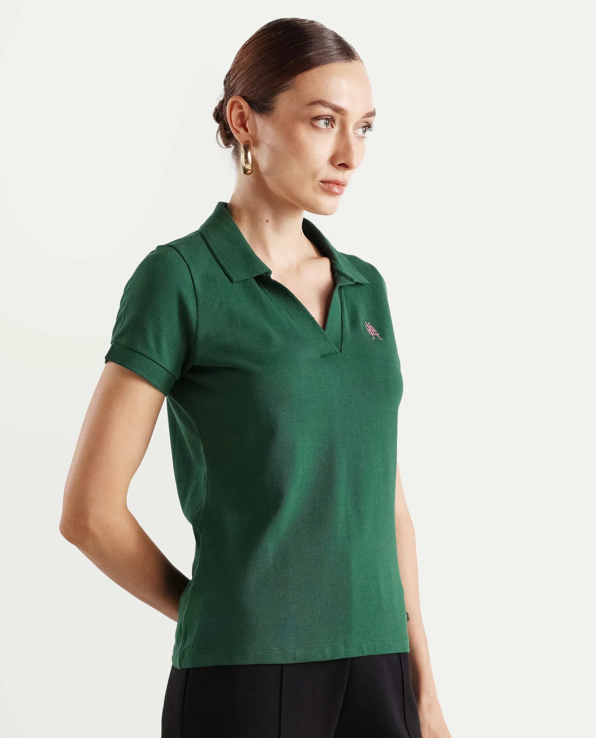 Rareism Women's Van Green Cotton Blend Polo Neck Plain Regular Fit Polo - Image 6