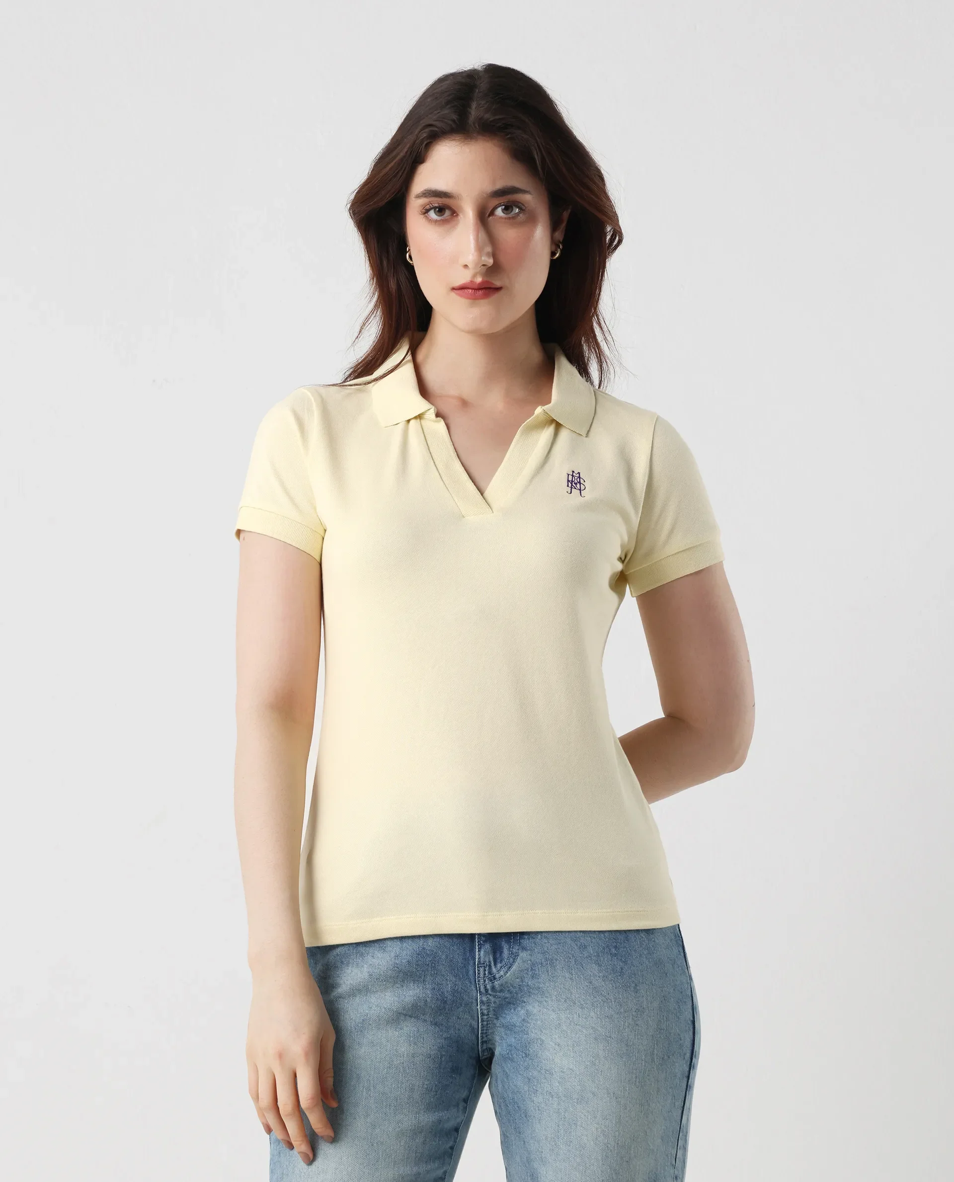 Rareism Women's Van Light Yellow Cotton Blend Polo Neck Plain Regular Fit Polo - Image 2