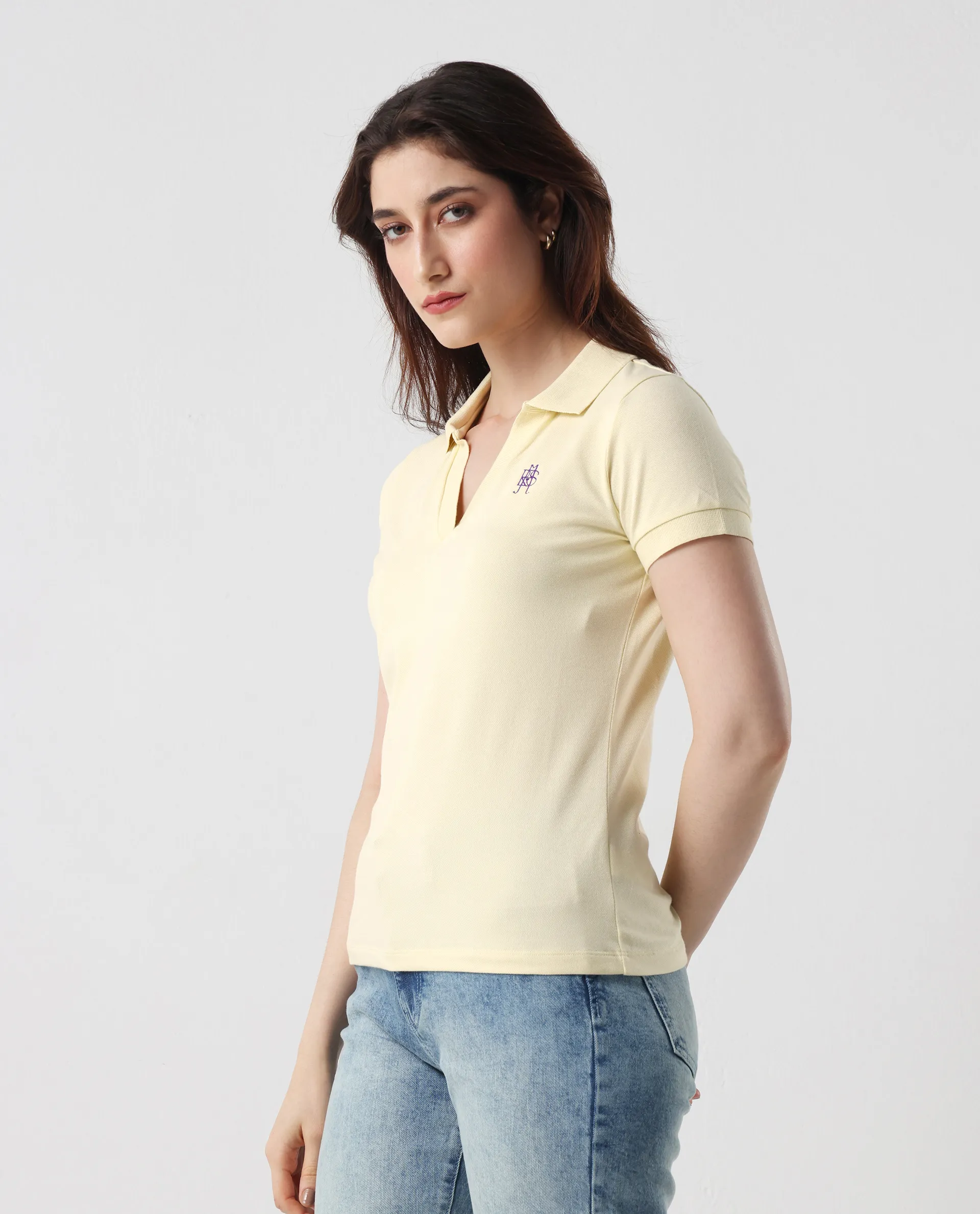 Rareism Women's Van Light Yellow Cotton Blend Polo Neck Plain Regular Fit Polo - Image 3