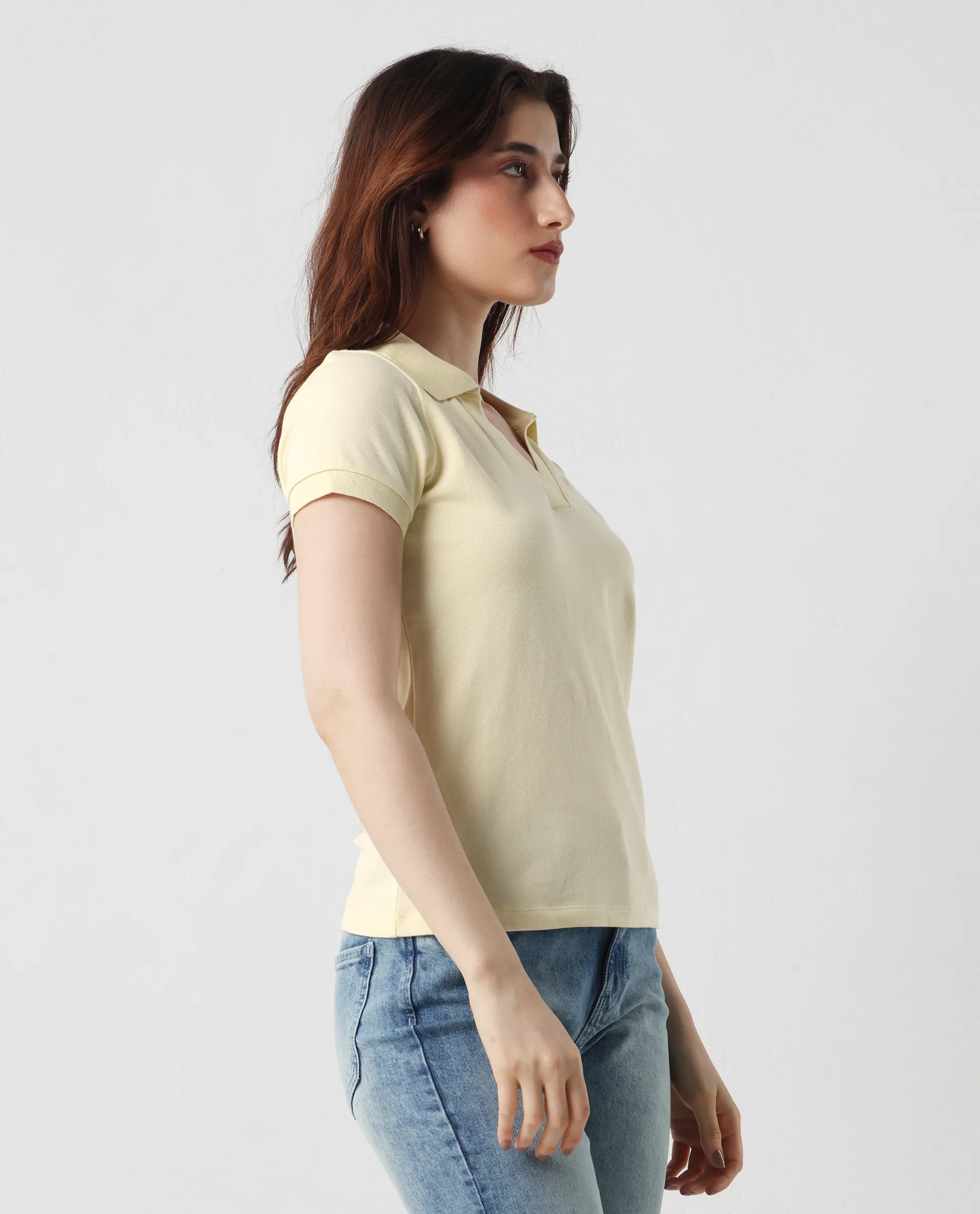 Rareism Women's Van Light Yellow Cotton Blend Polo Neck Plain Regular Fit Polo - Image 4