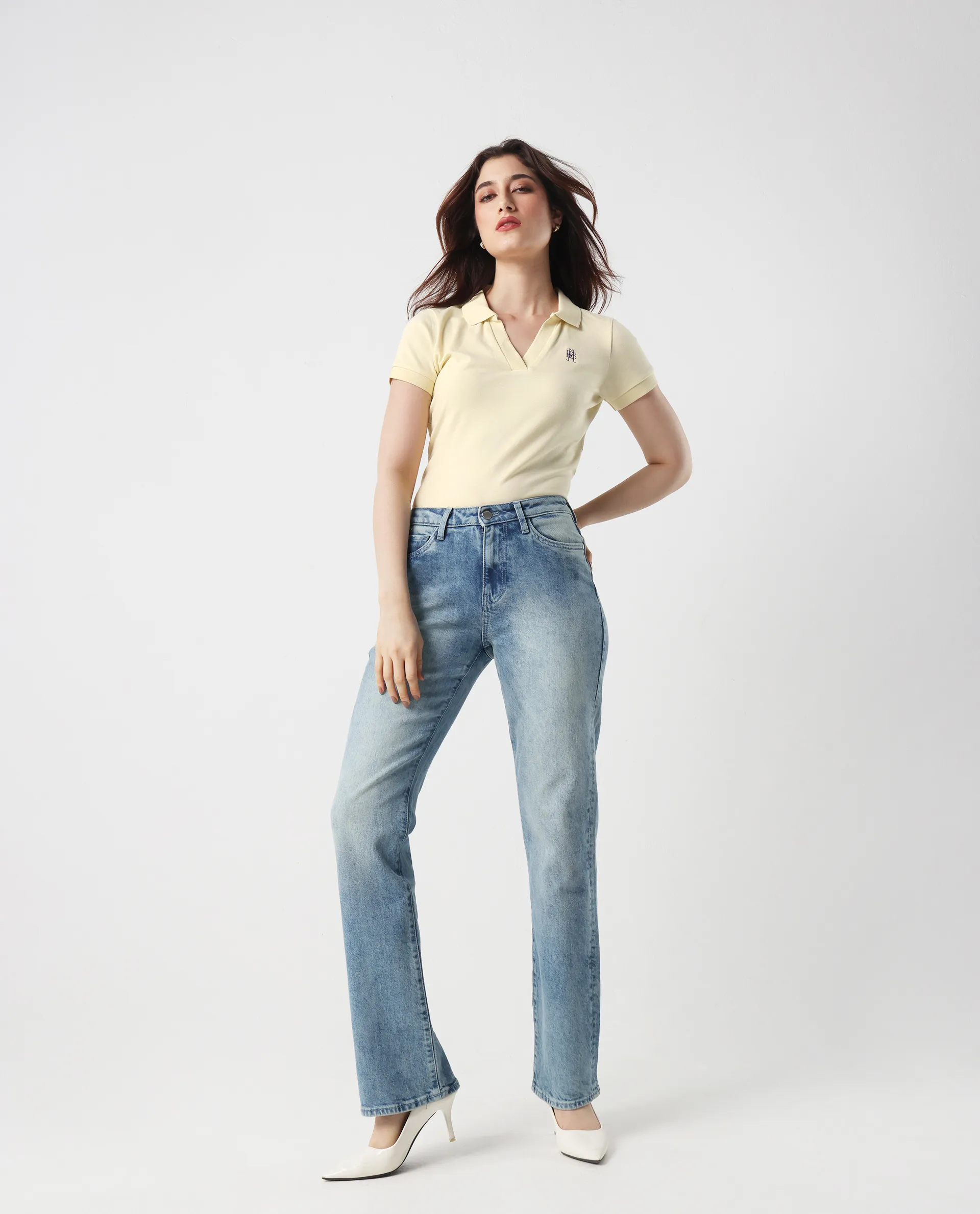 Rareism Women's Van Light Yellow Cotton Blend Polo Neck Plain Regular Fit Polo - Image 6