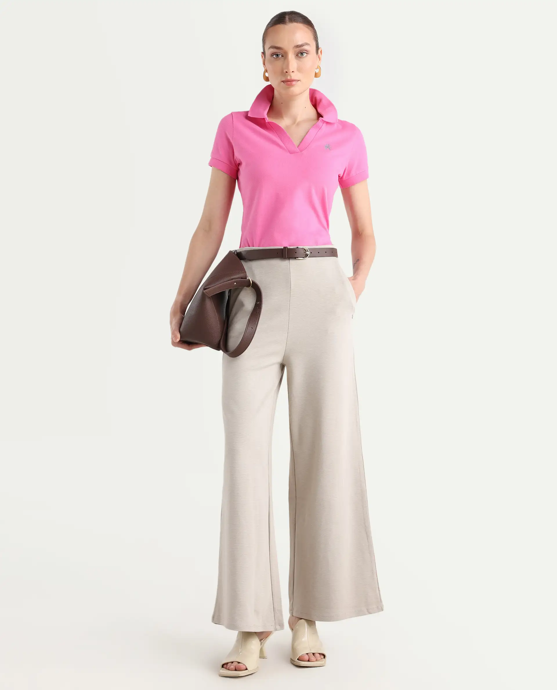 Rareism Women's Van Pink Cotton Blend Polo Neck Plain Regular Fit Polo - Image 2
