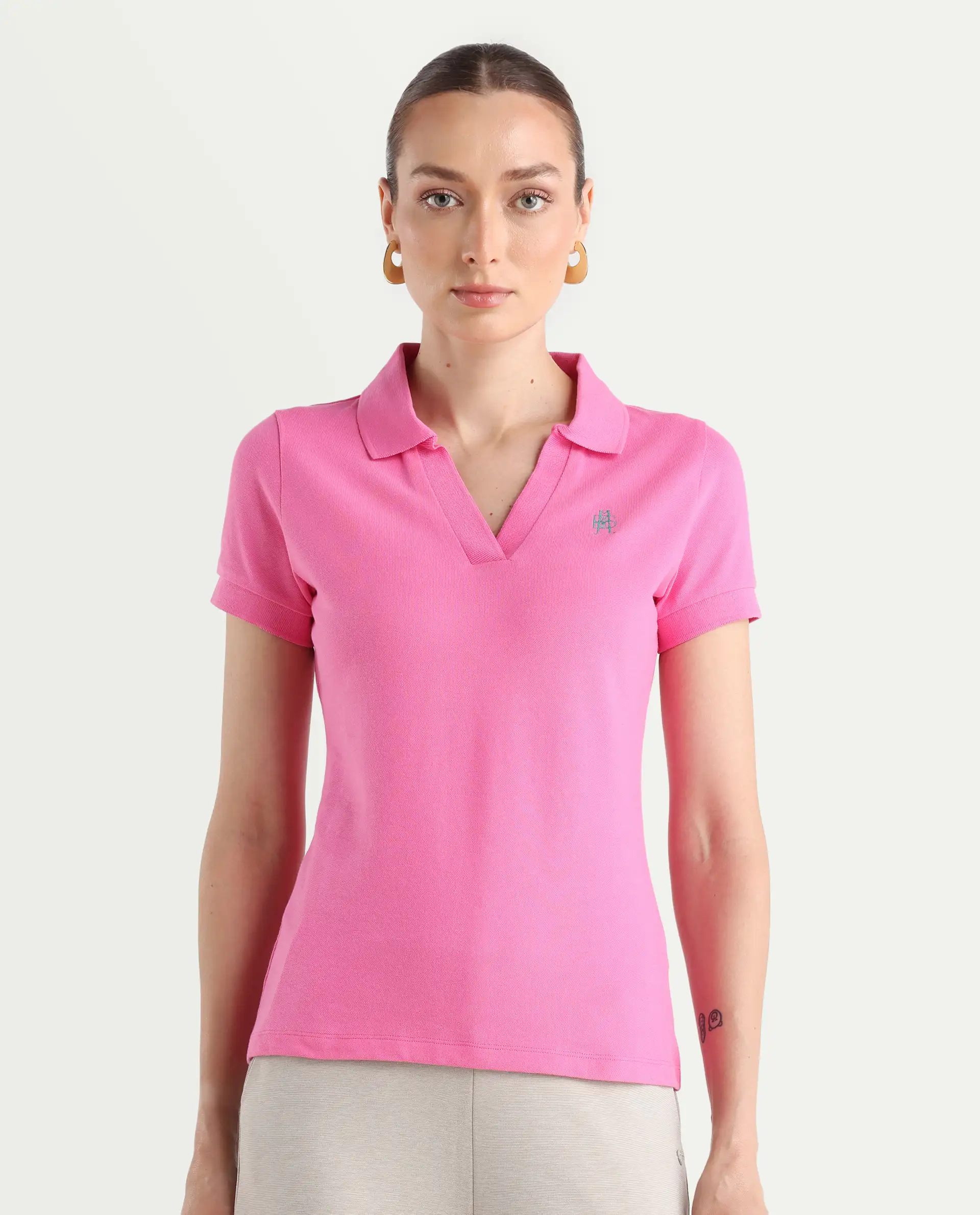 Rareism Women's Van Pink Cotton Blend Polo Neck Plain Regular Fit Polo - Image 3