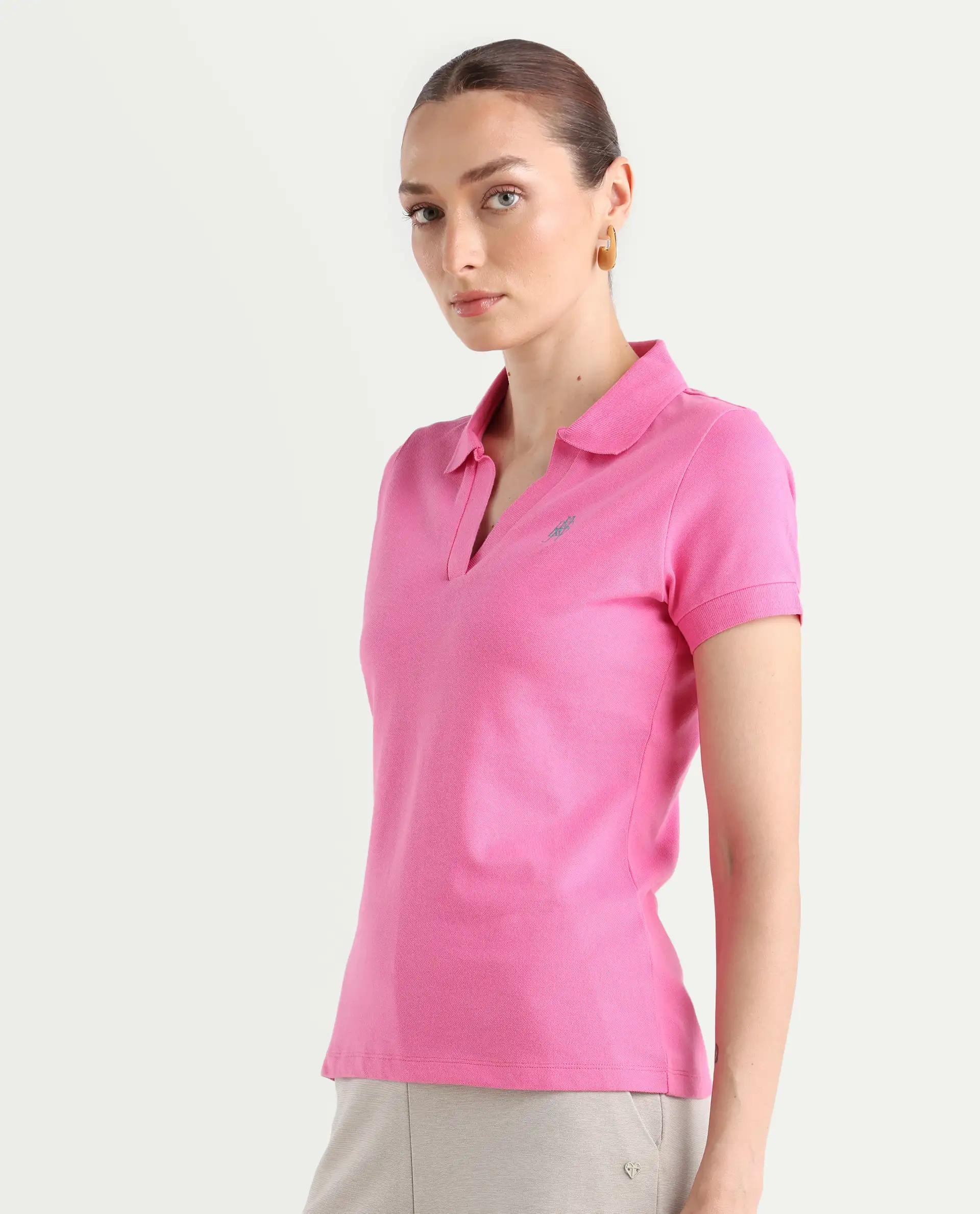 Rareism Women's Van Pink Cotton Blend Polo Neck Plain Regular Fit Polo - Image 5