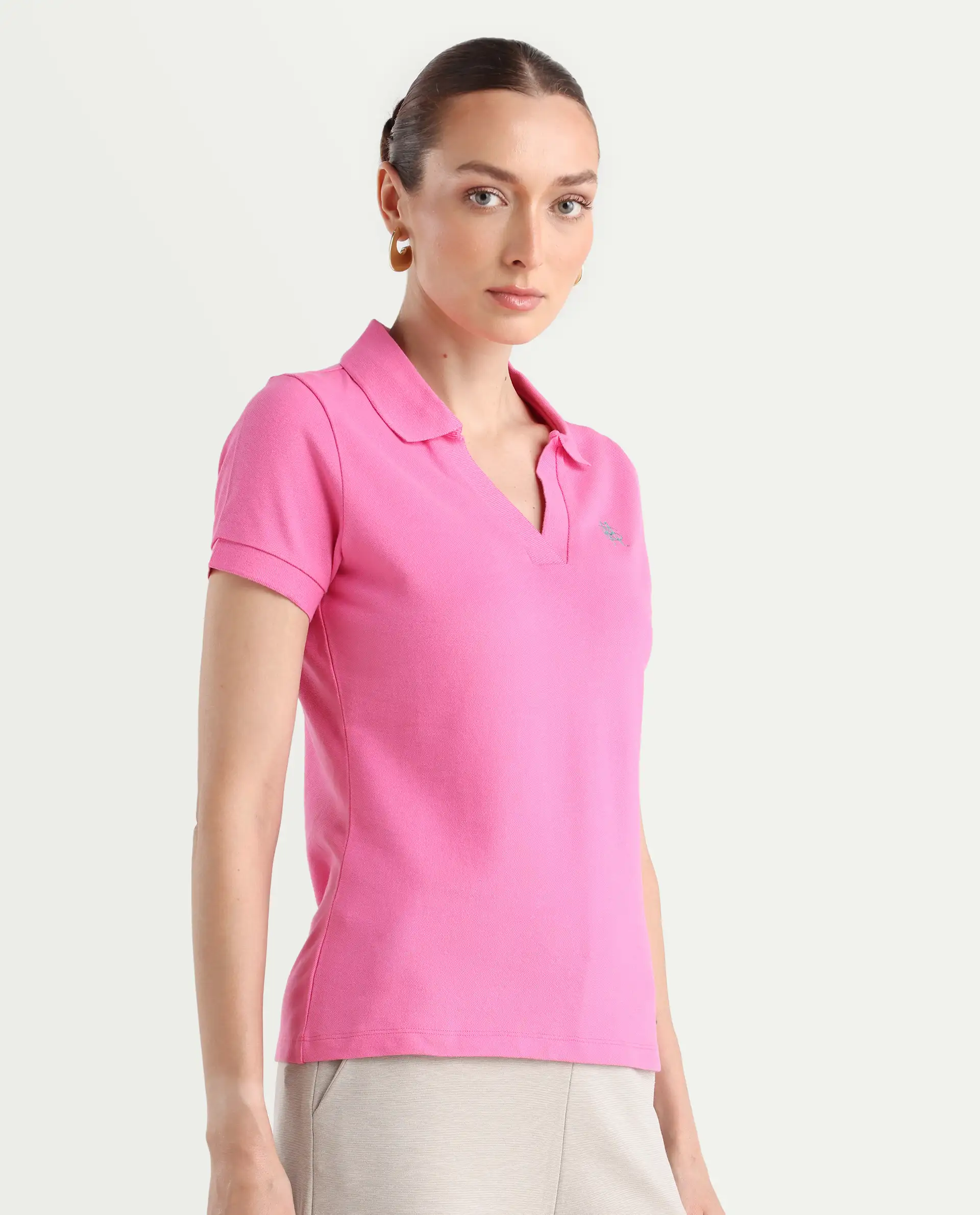 Rareism Women's Van Pink Cotton Blend Polo Neck Plain Regular Fit Polo - Image 6