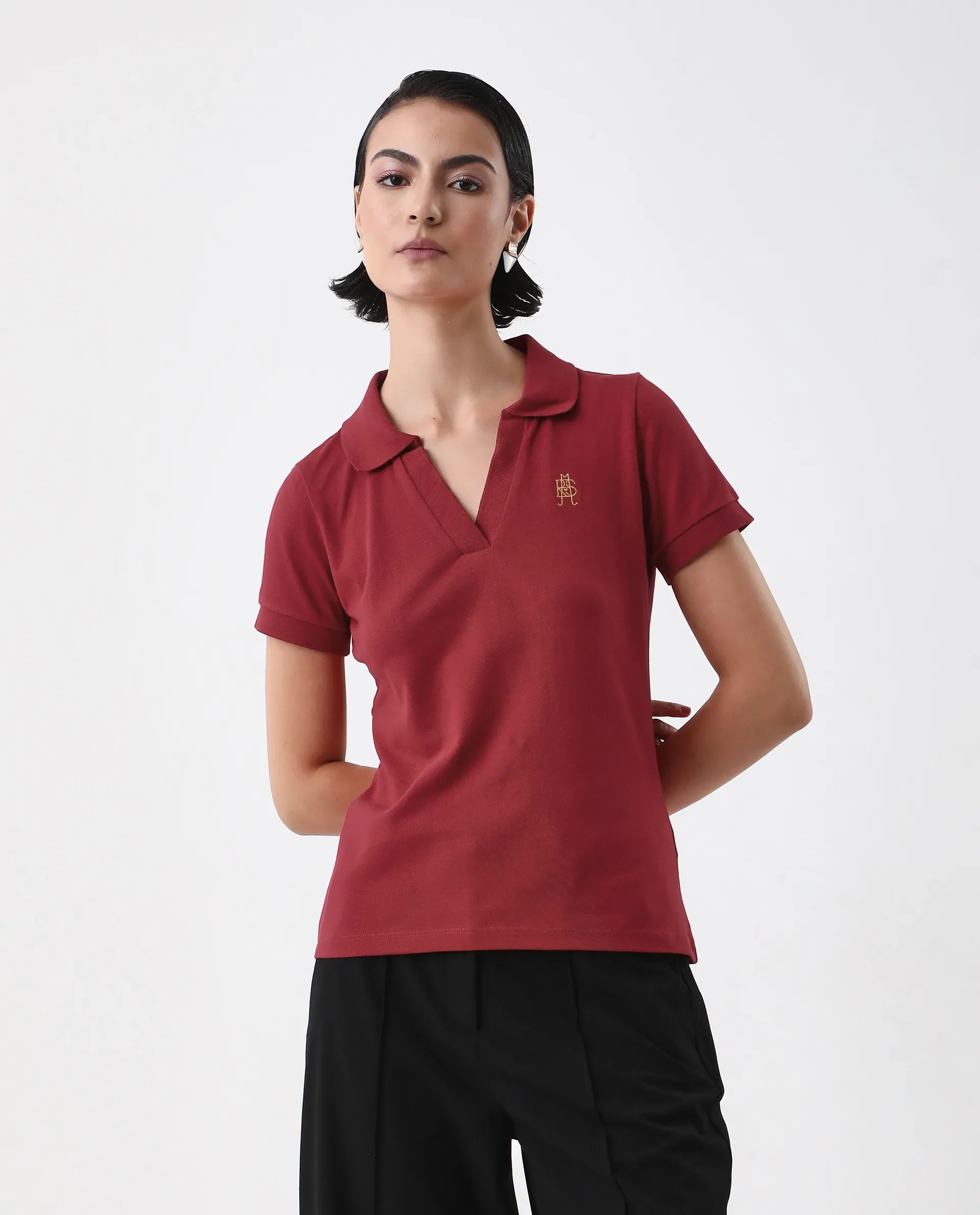 Rareism Women's Van Red Cotton Blend Polo Neck Plain Regular Fit Polo - Image 3