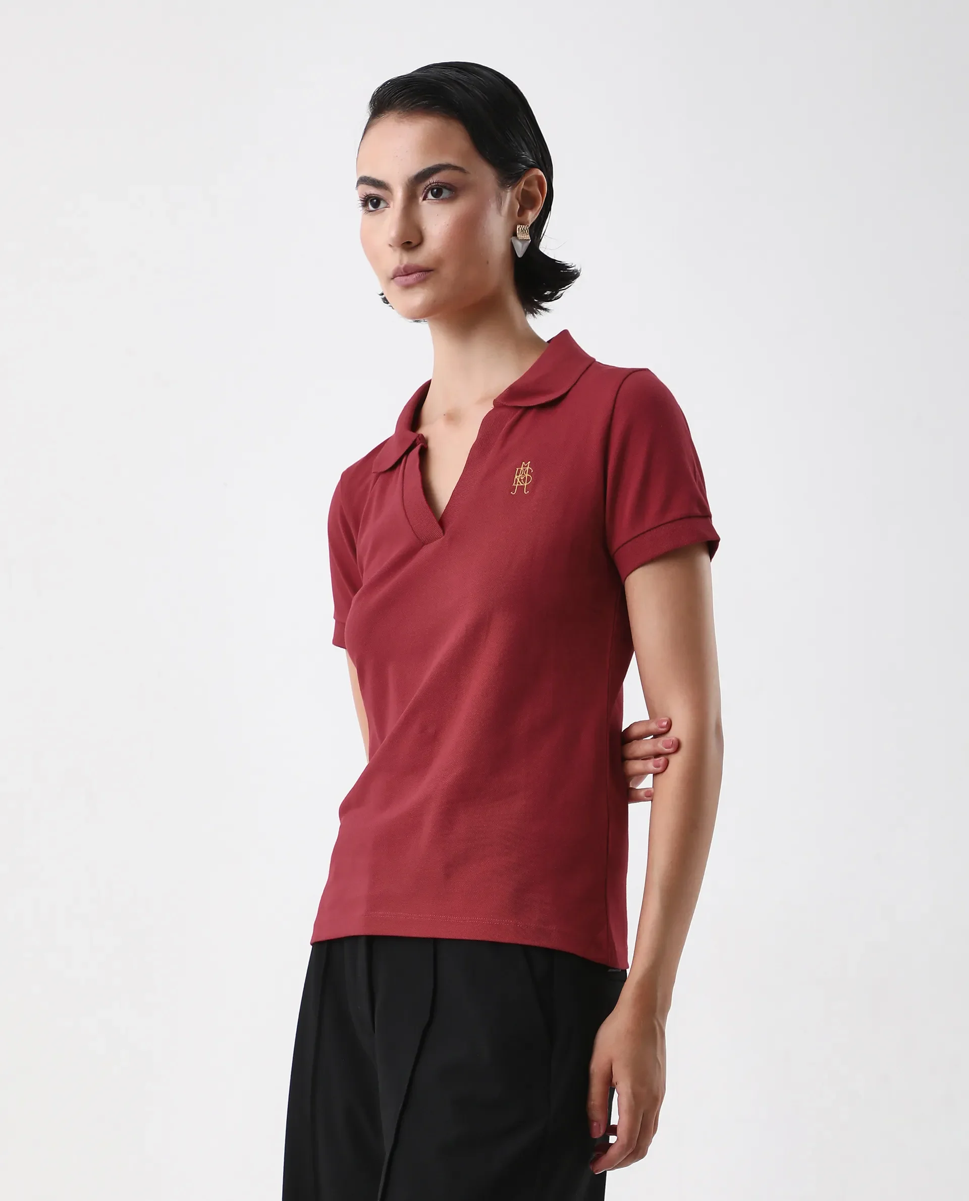 Rareism Women's Van Red Cotton Blend Polo Neck Plain Regular Fit Polo - Image 5