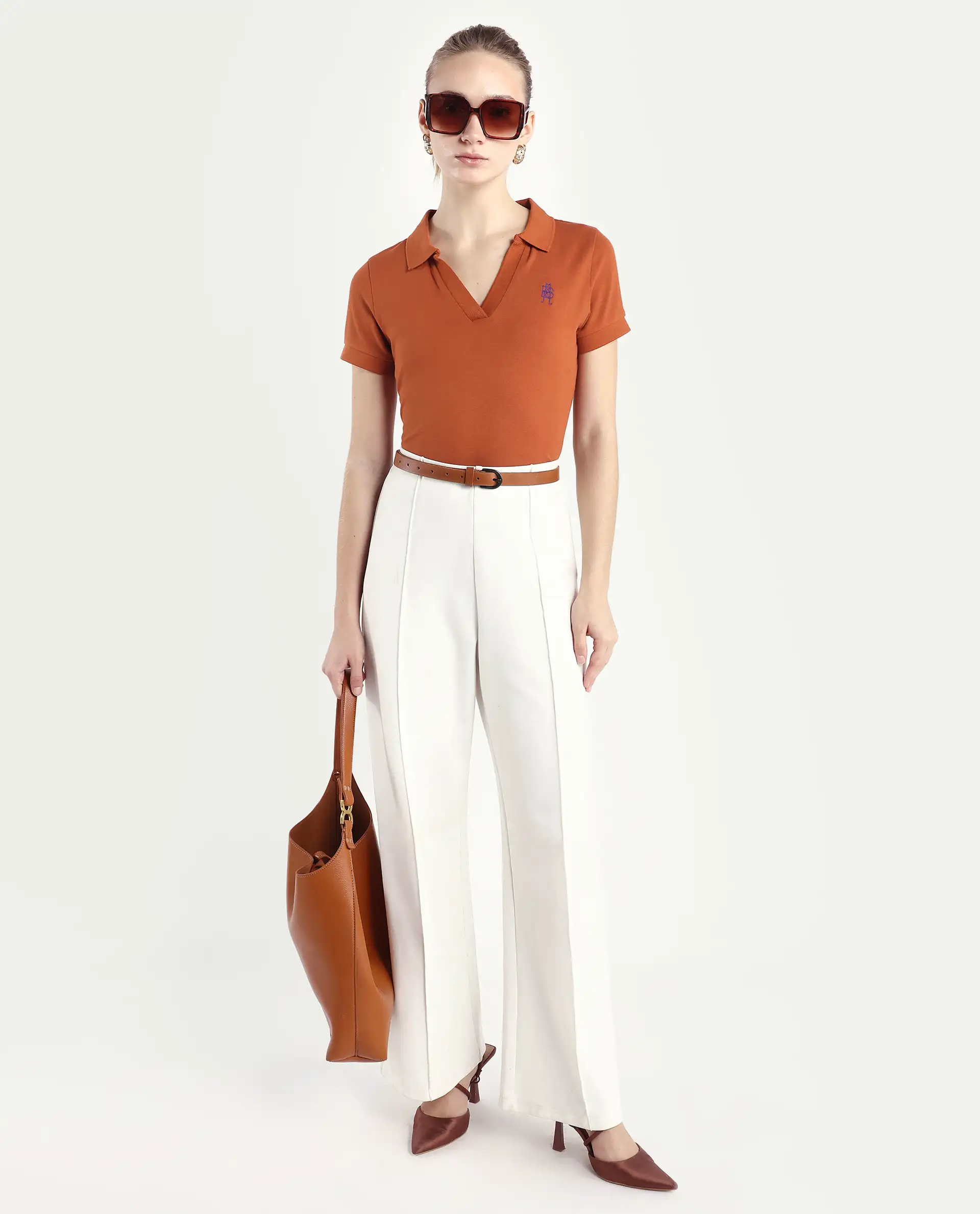Rareism Women's Van-Rust Cotton Blend Polo Neck Plain Regular Fit Polo - Image 2