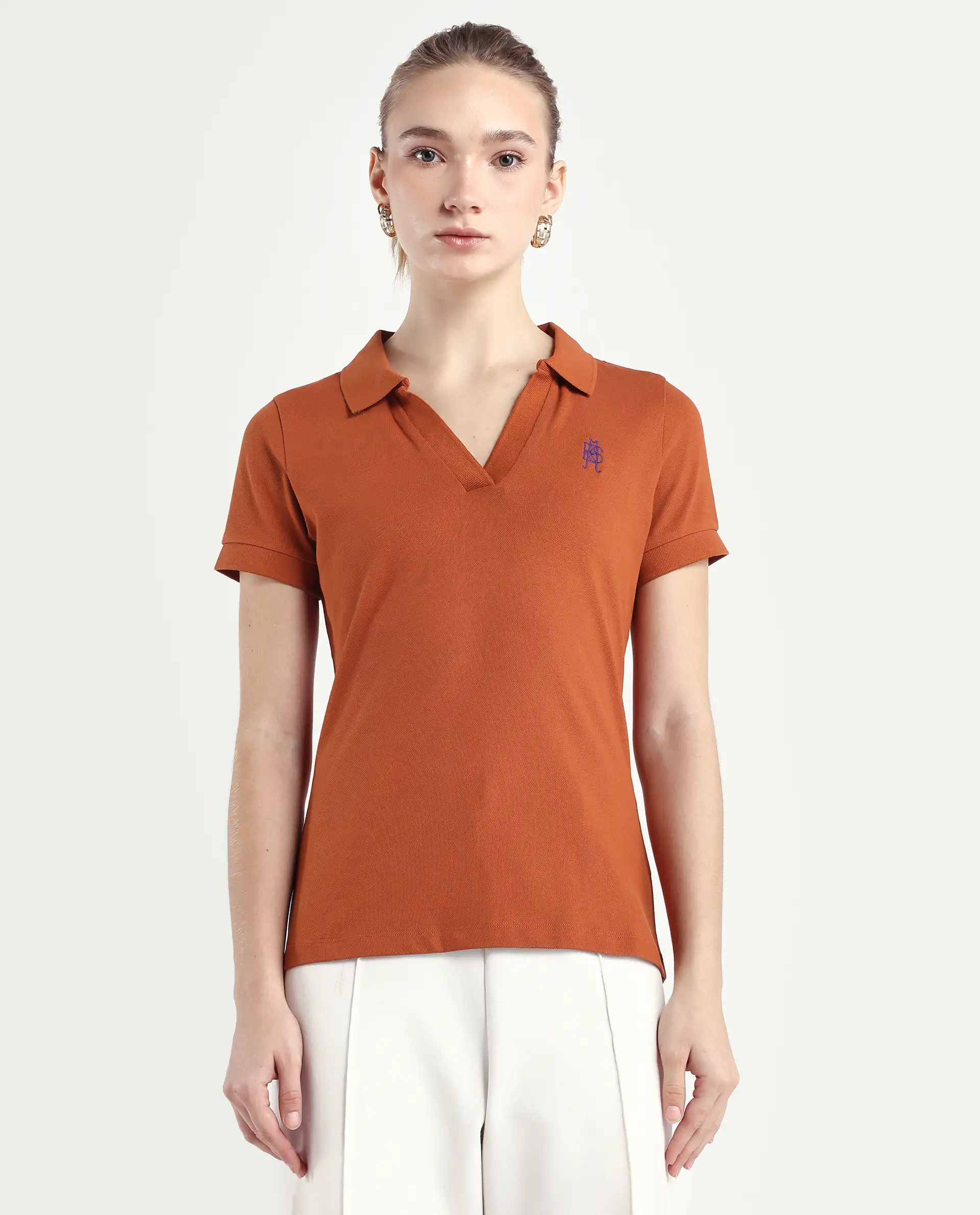 Rareism Women's Van-Rust Cotton Blend Polo Neck Plain Regular Fit Polo - Image 3