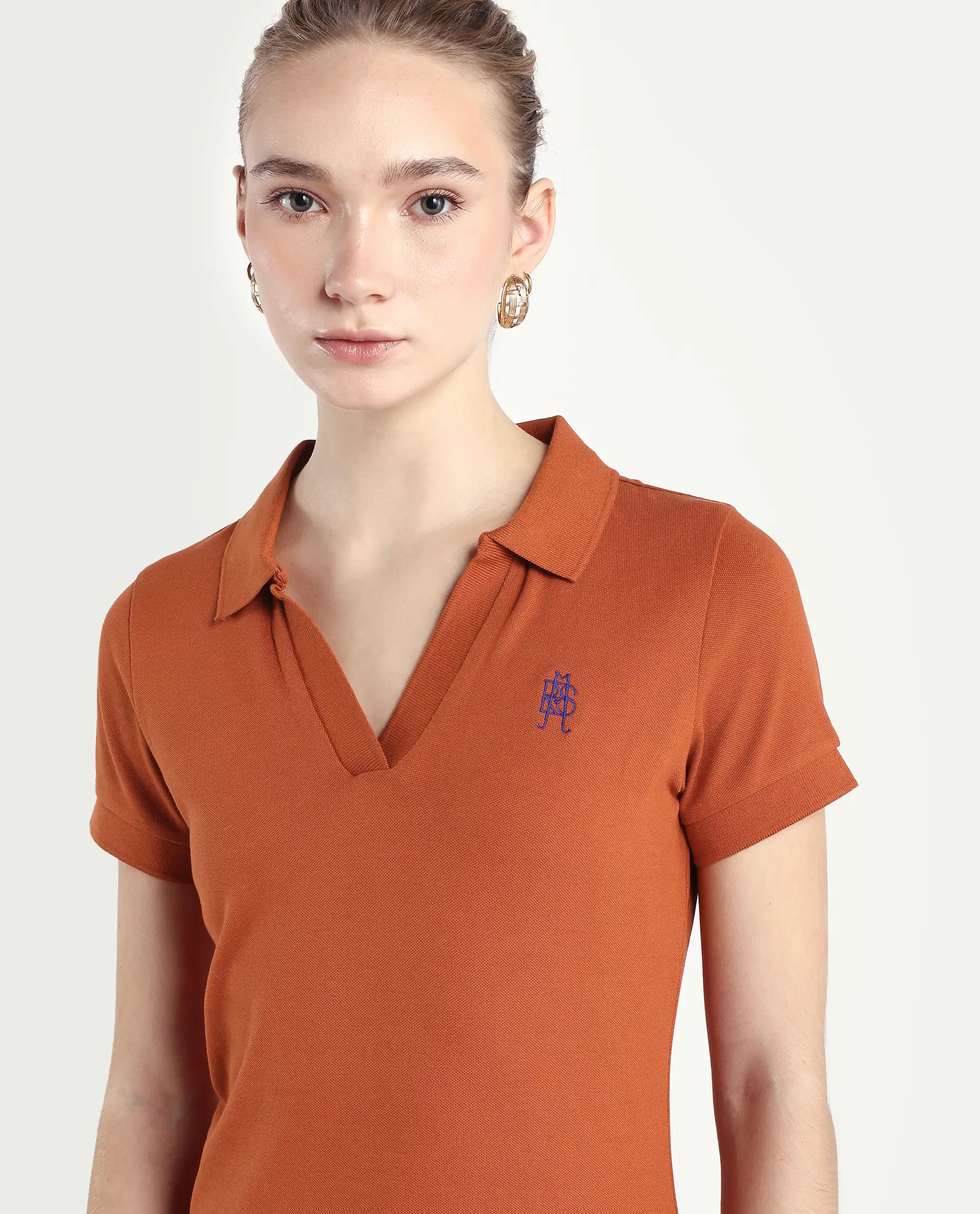 Rareism Women's Van-Rust Cotton Blend Polo Neck Plain Regular Fit Polo - Image 4