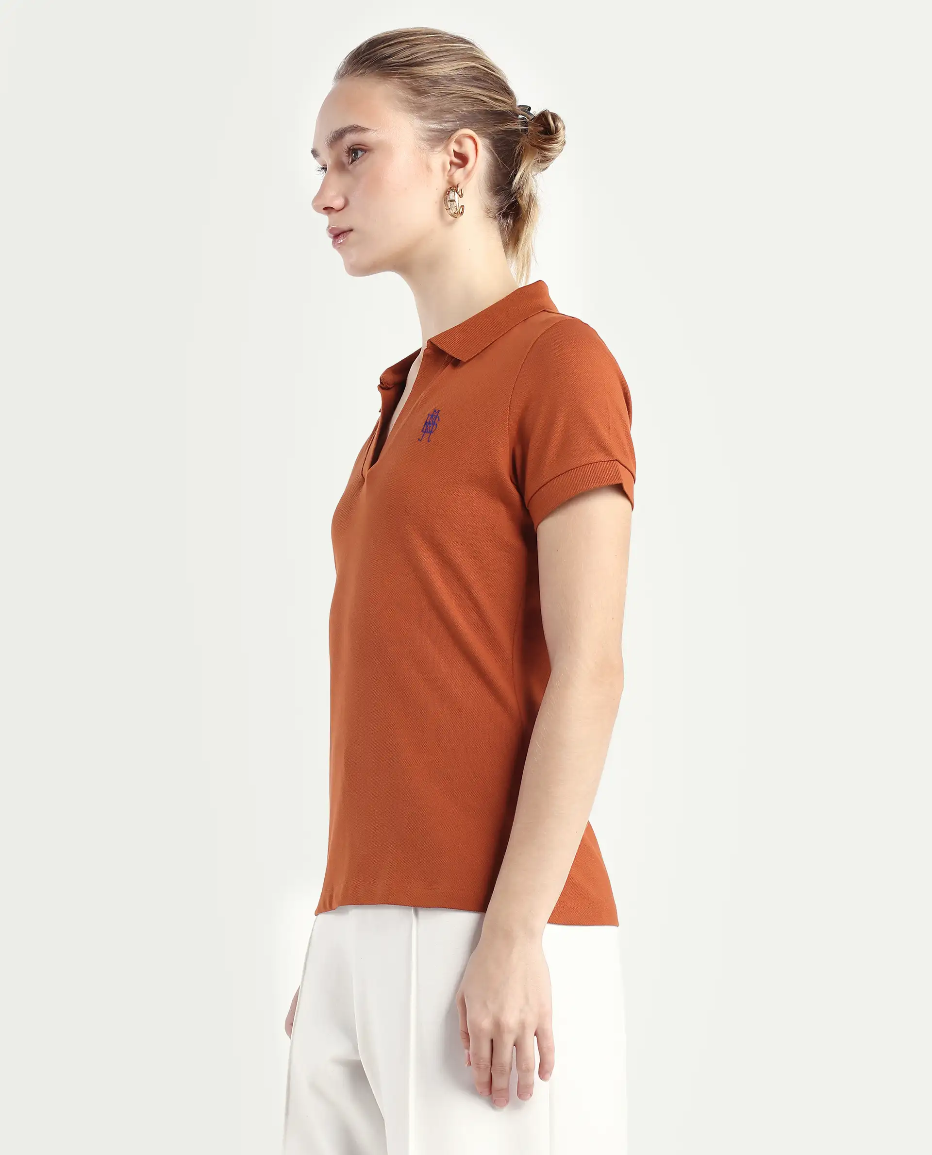 Rareism Women's Van-Rust Cotton Blend Polo Neck Plain Regular Fit Polo - Image 5