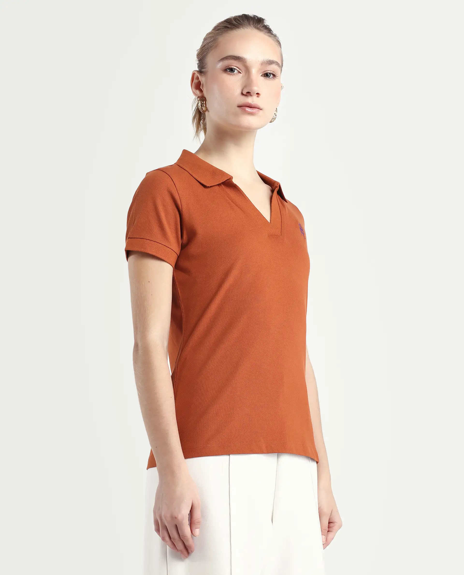 Rareism Women's Van-Rust Cotton Blend Polo Neck Plain Regular Fit Polo - Image 6
