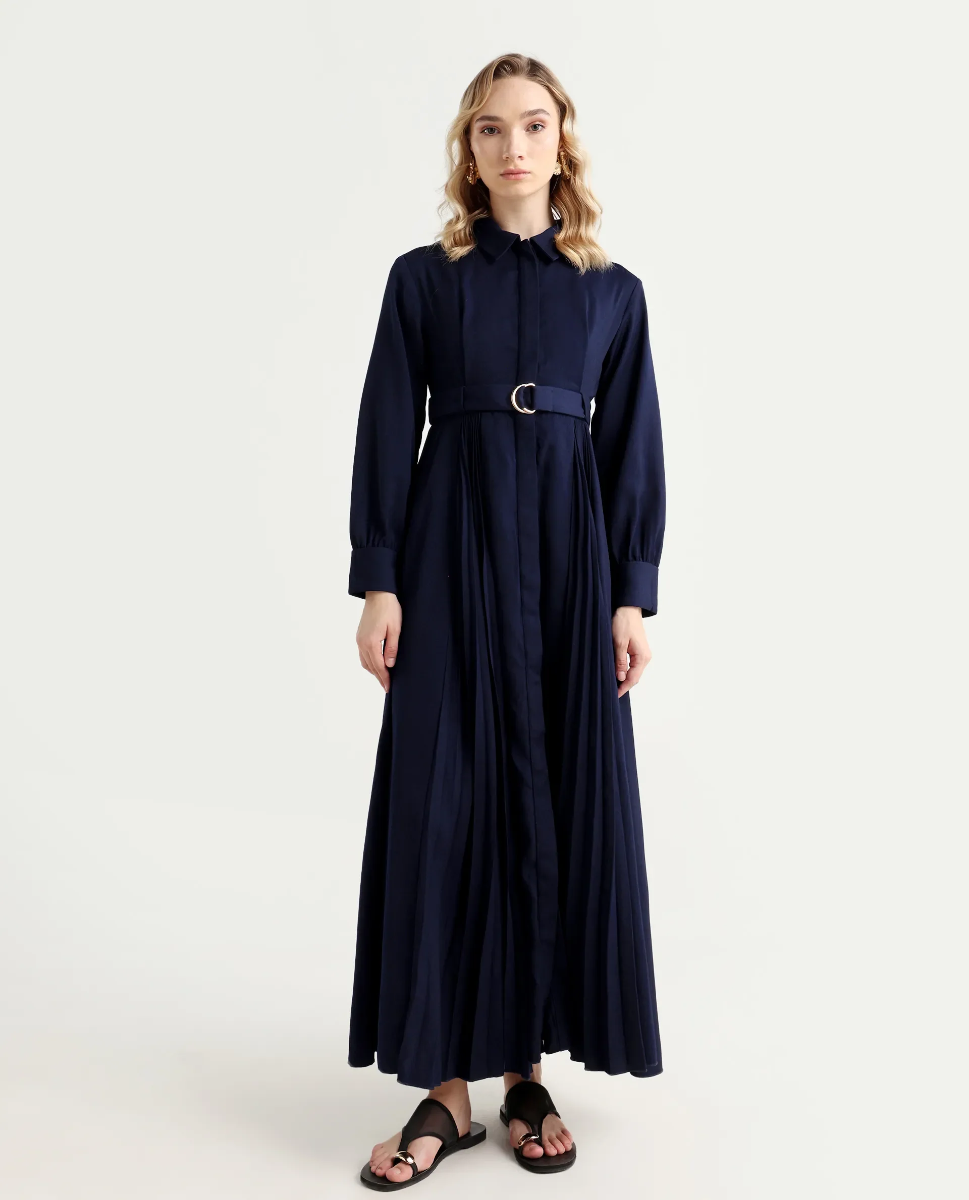 Rareism Women's Vanadzor Navy Satin Drop Collar Plain Bishop Sleeve Maxi Flared Dress - Image 2