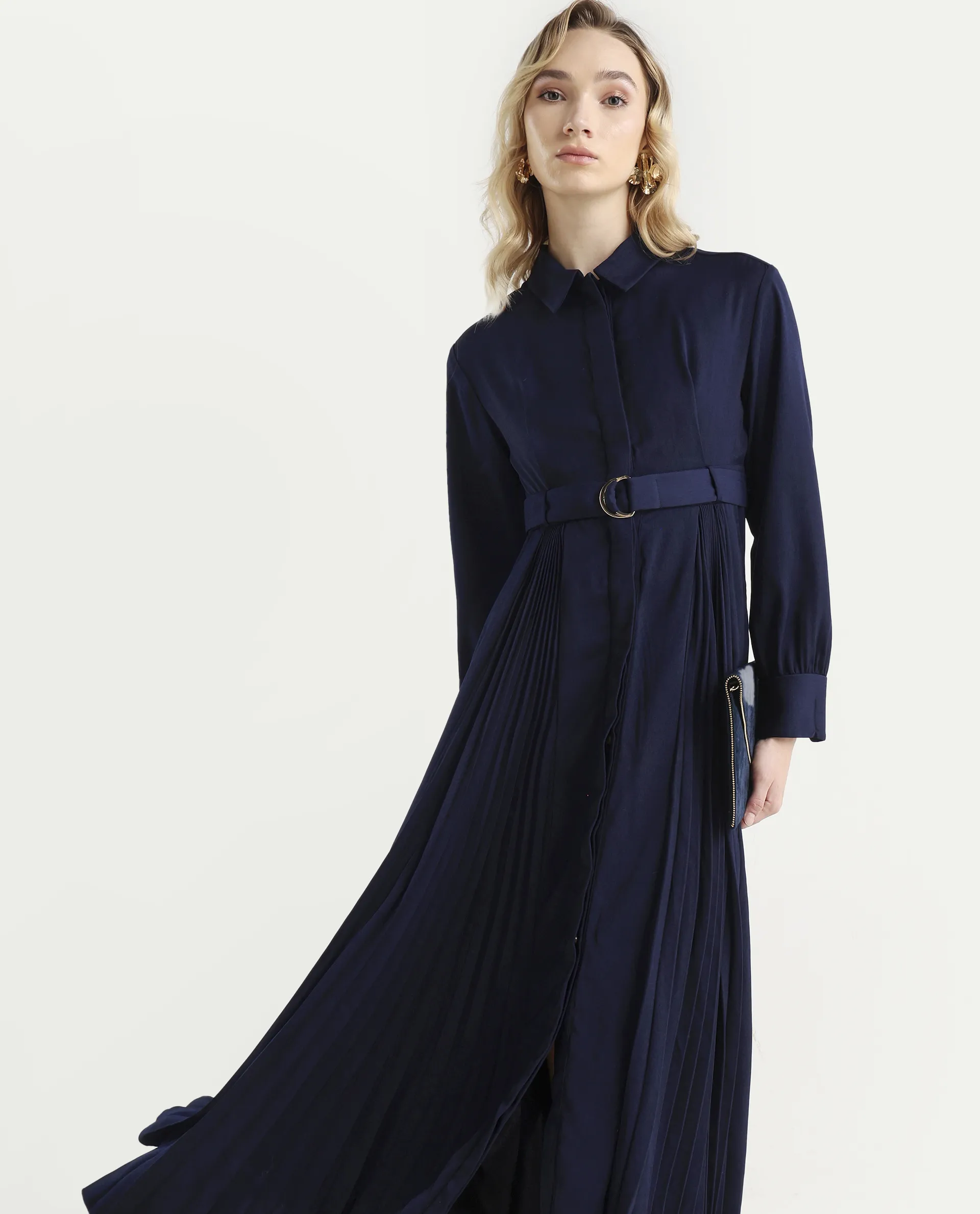 Rareism Women's Vanadzor Navy Satin Drop Collar Plain Bishop Sleeve Maxi Flared Dress - Image 3