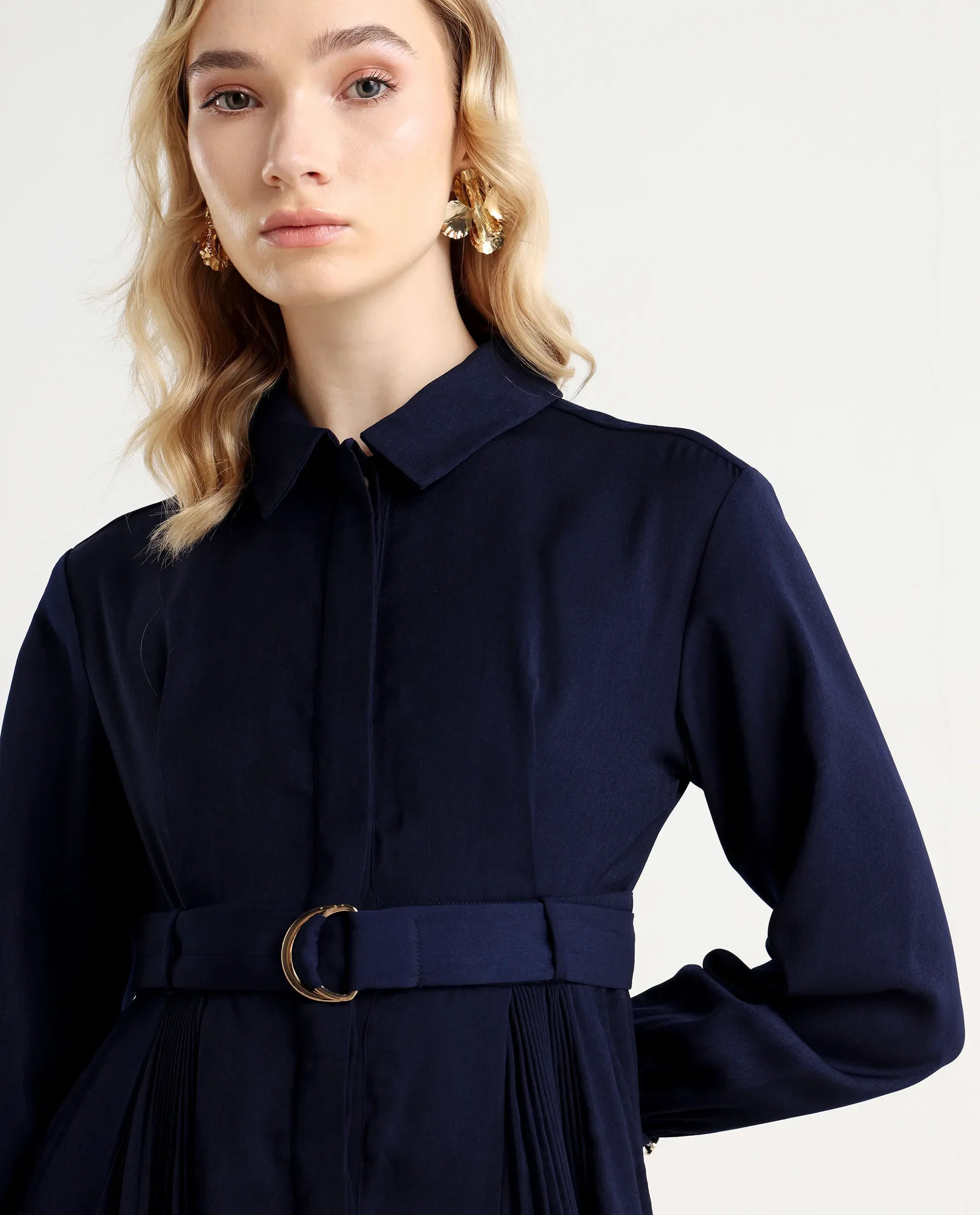 Rareism Women's Vanadzor Navy Satin Drop Collar Plain Bishop Sleeve Maxi Flared Dress - Image 4