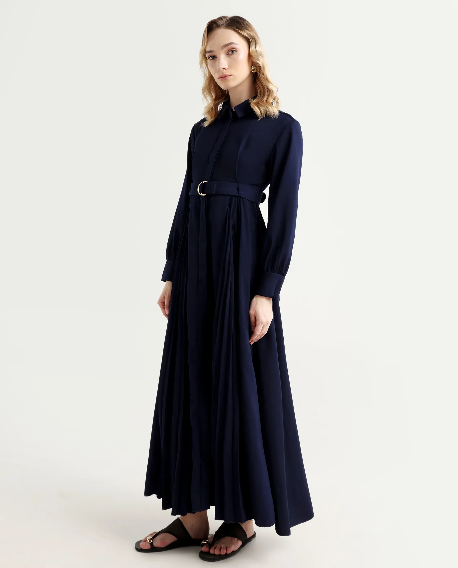 Rareism Women's Vanadzor Navy Satin Drop Collar Plain Bishop Sleeve Maxi Flared Dress - Image 5