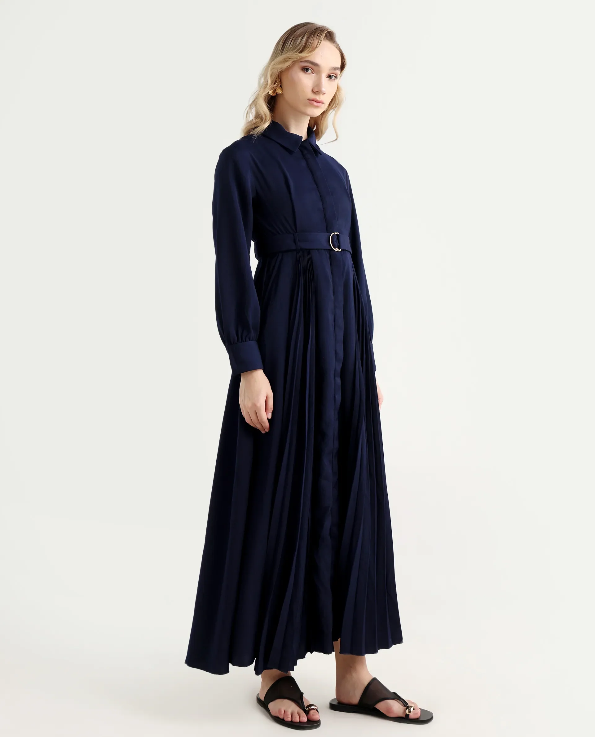 Rareism Women's Vanadzor Navy Satin Drop Collar Plain Bishop Sleeve Maxi Flared Dress - Image 6