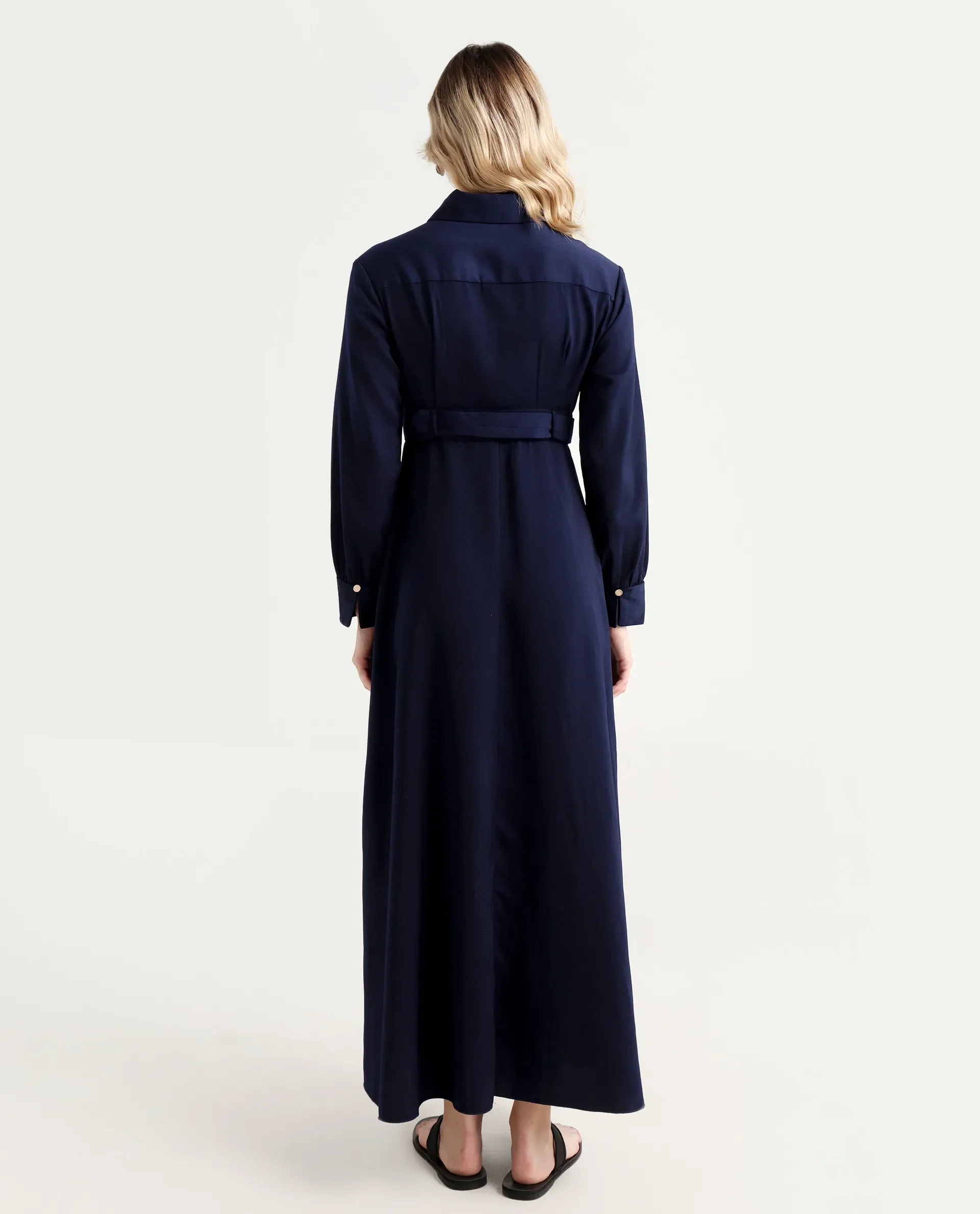 Rareism Women's Vanadzor Navy Satin Drop Collar Plain Bishop Sleeve Maxi Flared Dress - Image 7