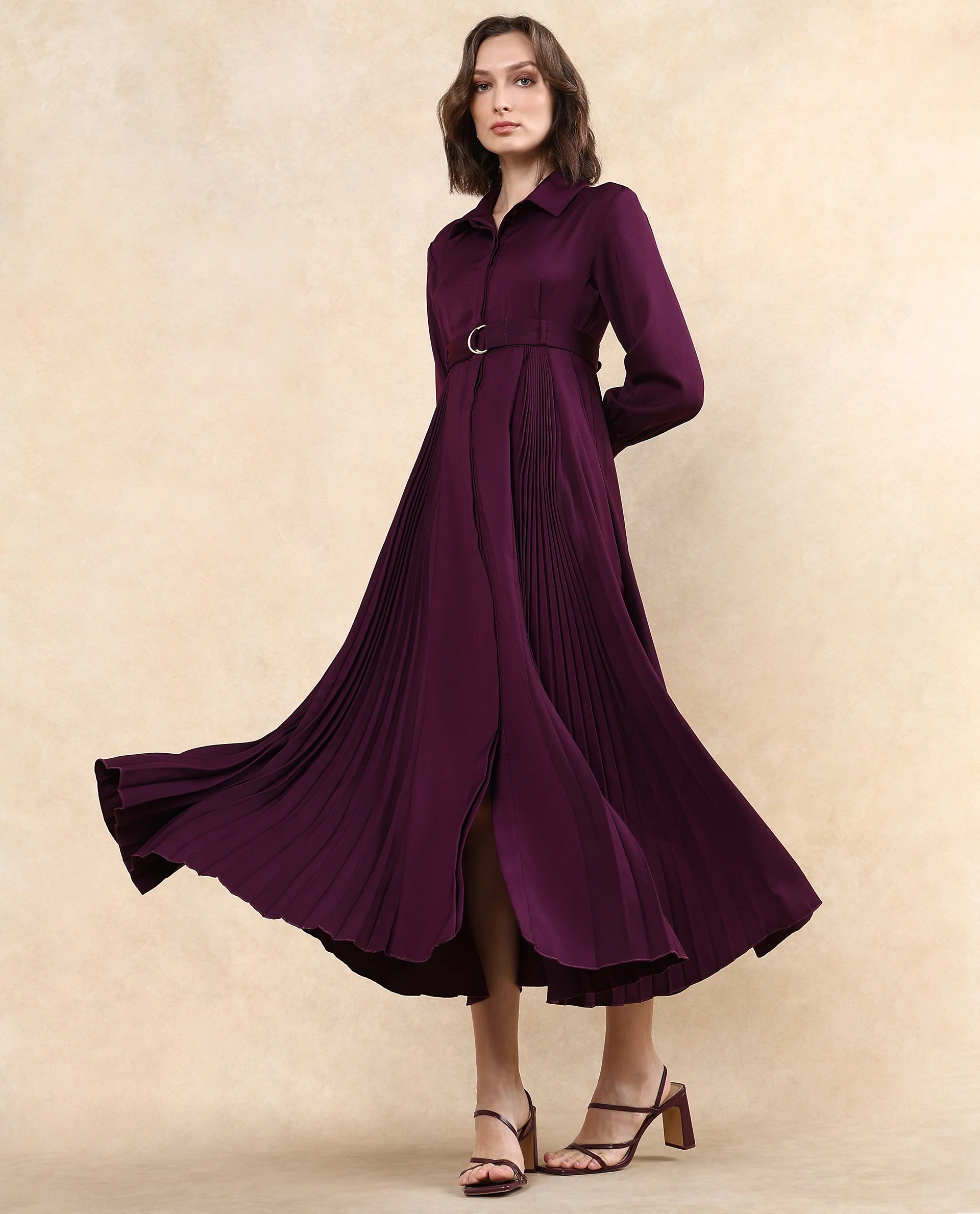 Rareism Women's Vanadzor Purple Satin Drop Collar Plain Bishop Sleeve Maxi Flared Dress - Image 2